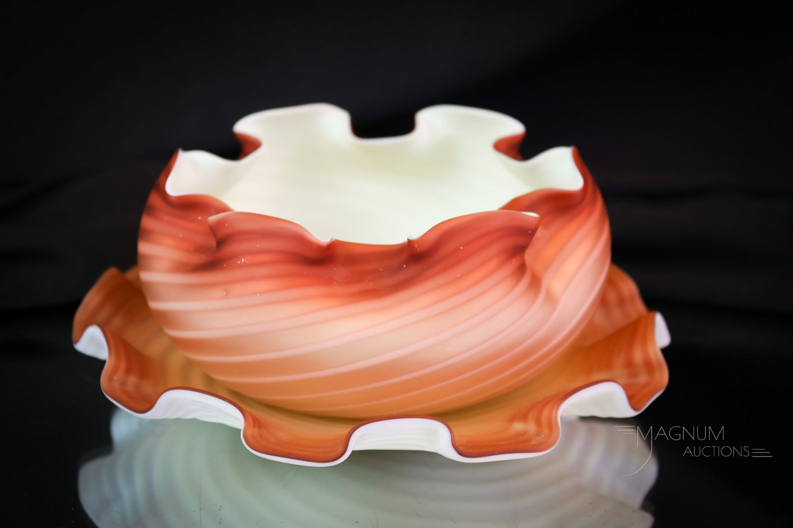 Strevens & Williams Pompeian Swirl Cinnamon Victorian Mother of Pearl Bowl & Plate: Another nice find in Victorian mother-of-pearl glass. This is a Stevens & Williams Pompeian Swirl pattern finger bowl and underplate. This set is in a rich cinnamon coloring. The set measures 2 1/2" t