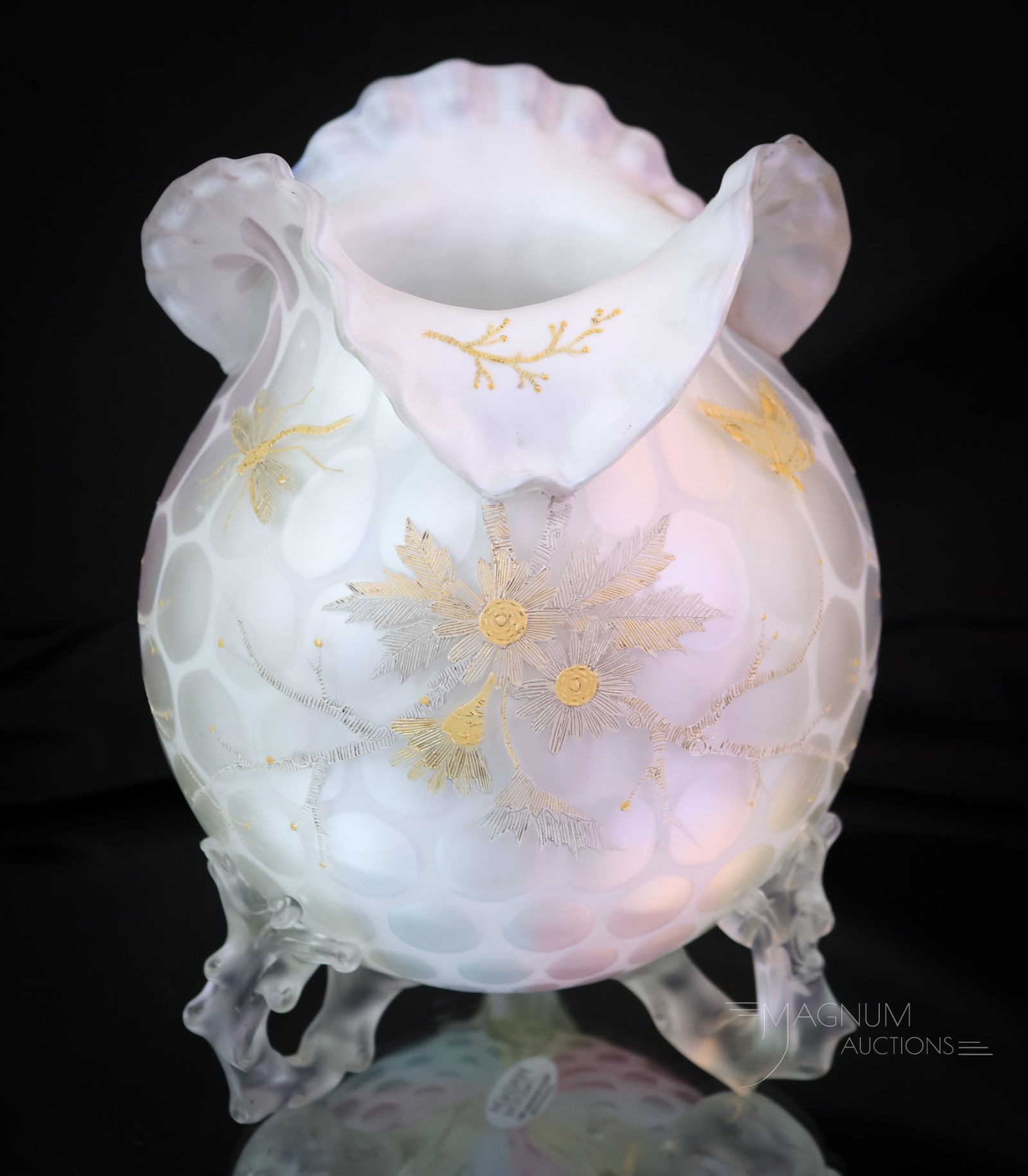 Very Rare Victorian Rainbow Art Glass Gilt & Enameled Glass Footed Rose Bowl: A very rare find in a Rainbow Victorian applied art glass rose bowl. This piece has it all going on and is quite an important piece. The top rim is backfolded down to the body. There are three applied