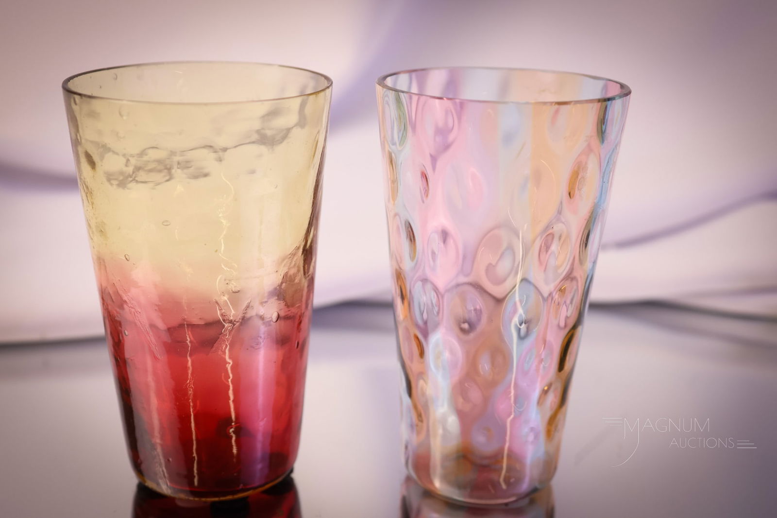 2 pc Lot Victorian Art Glass Juice Tumblers Rainbow & Amberina (1 of 8)