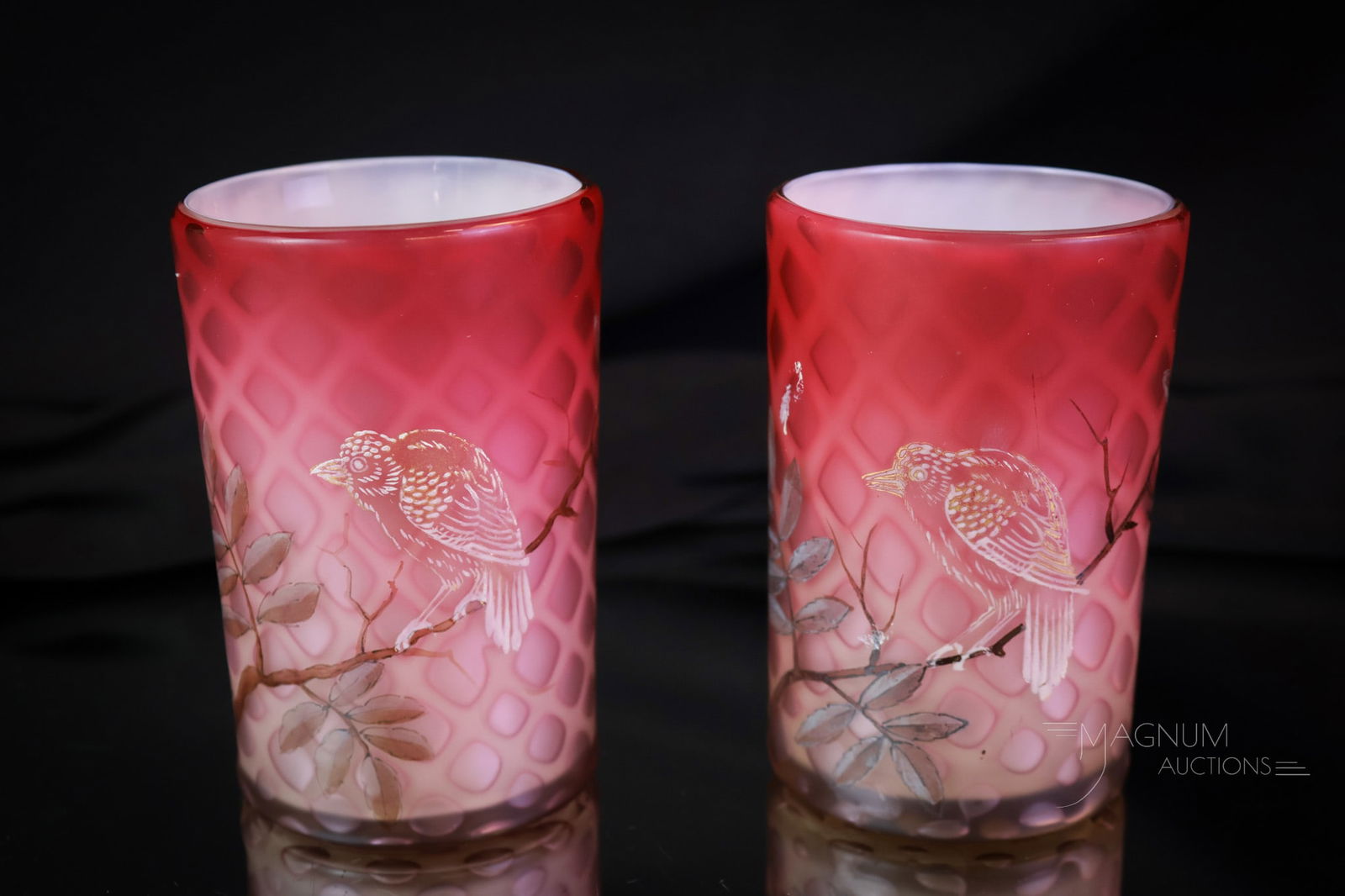 2 pc Lot Decorated Two-Color Victorian Mother of Pearl Art Glass Tumblers (1 of 5)