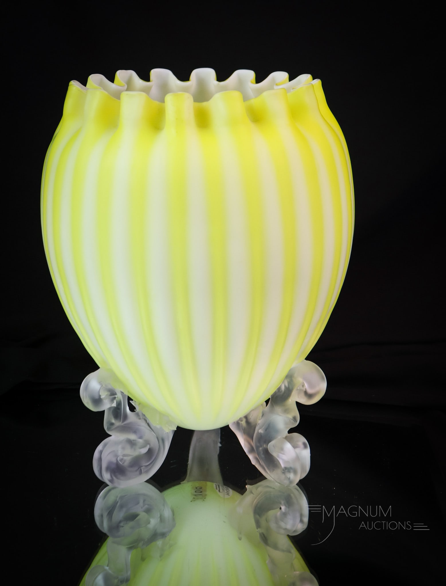 Monumental 9 1/2" Canaray Cut Velvet Stripe Applied Art Glass Rose Bowl: A monumental find in a Victorian applied art glass rose bowl. This super big example is egg-shaped. The glass is a canary yellow Stripe pattern cut velvet. The rose bowl has three applied art glass le