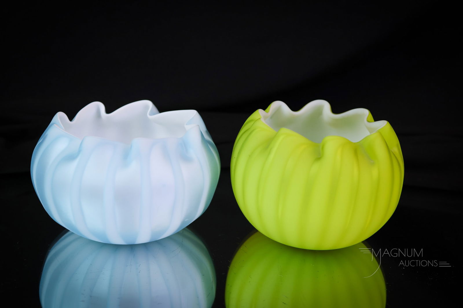 2 pc Lot Victorian Stripe Mother of Pearl Rose Bowls: Two delights in Victorian Stripe pattern mother-of-pearl glass rose bowls. One in yellow and one in blue. The tallest measures 2 1/2". SHIPPING NOTICE: If you choose not to utilize the LiveAuctioneers