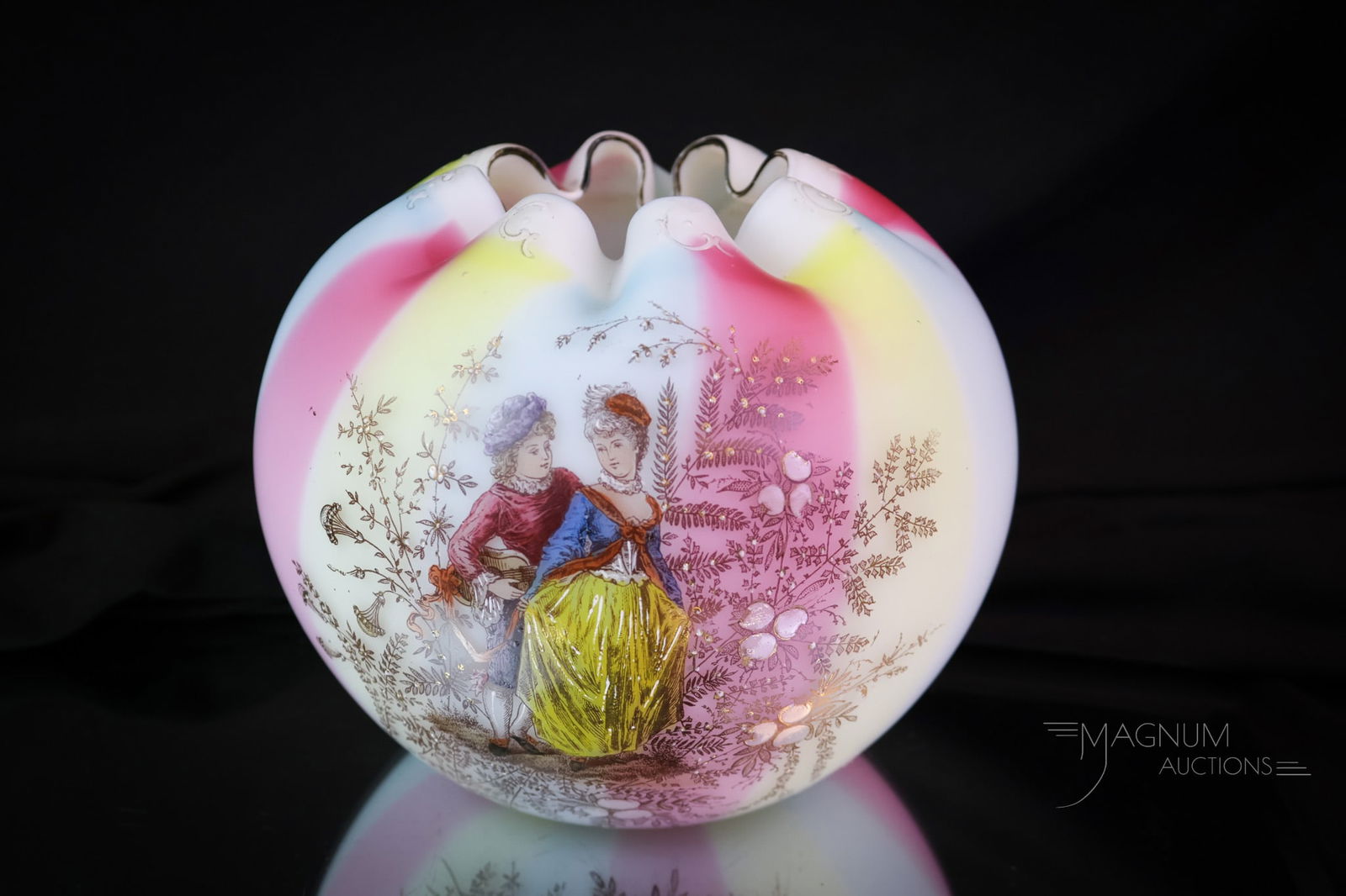 Large Victorian Rainbow Enameled Art Glass Rose Bowl: A seldom seen example of Victorian art glass rose bowls. This is a rainbow stripe example. This beautiful piece has a decoration of a courting scene. Unusual to find this decoration. The rose bowl is