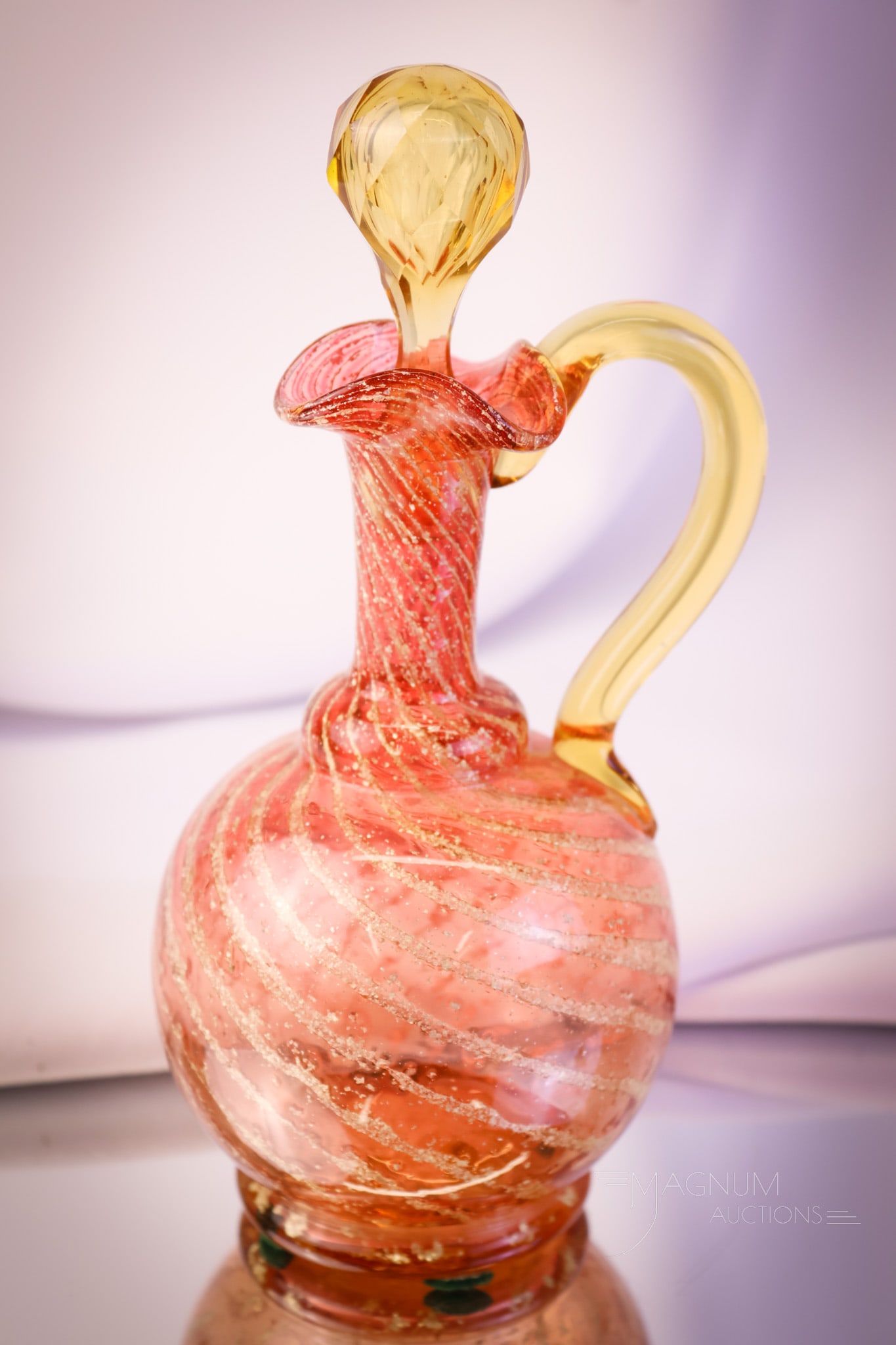 Rare Ruby Amber Victorian Mica Swirl Victorian Art Glass cruet: Very rare Victorian ruby amber adventurine swirl art glass cruet. This fine example has swirls of aventurine mica in the body. The matching stopper is amber with an air trap bubble in it. The cruet me