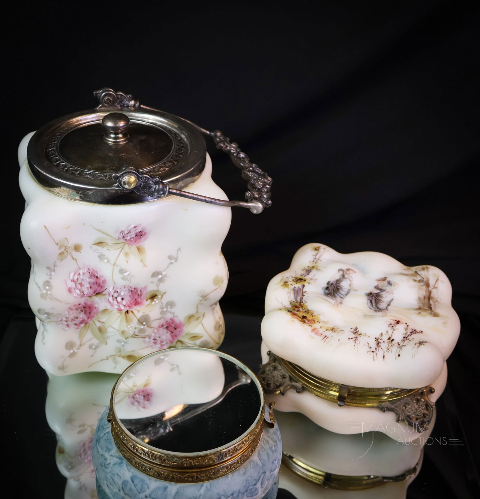 3 pc Lot Wavecrest Victorian Glass Dresser Boxes & Biscuit Jar Mirrored Floral and Dancing Ladies: Three select finds in wavecrest dresser boxes. The first is a mirrored lid Kelva example. The second is an egg crate mold biscuit jar with pink florals. The third is another dresser box with women