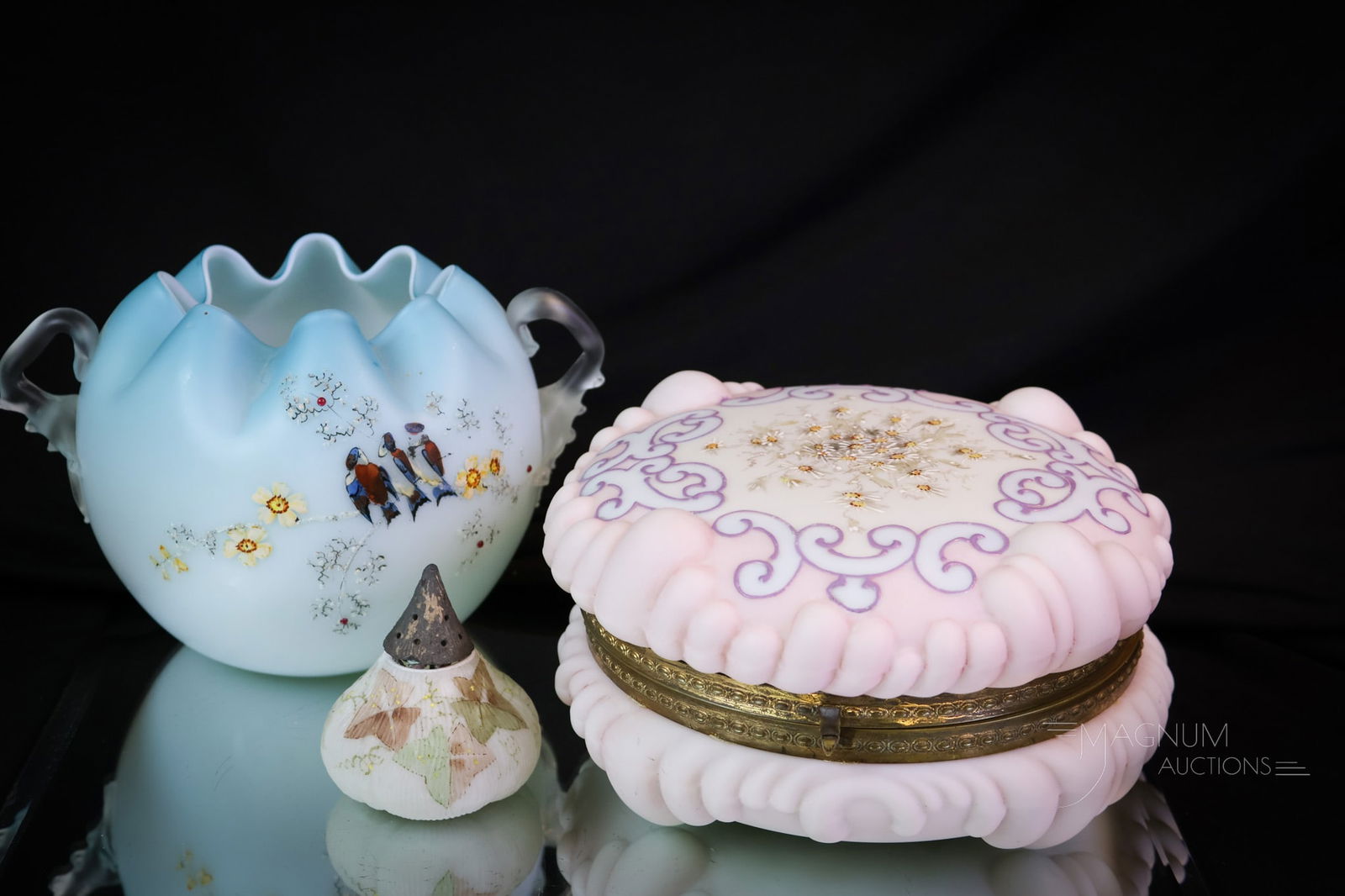 3 pc Lot Victorian Wavecrest Mt. Washington & More Satin Glass: Three nice finds for your bidding pleasure. This lot includes a Mt. Washington fig salt shaker. The second piece is a blue satin Victorian rose bowl with double handles and bird decoration. The last p