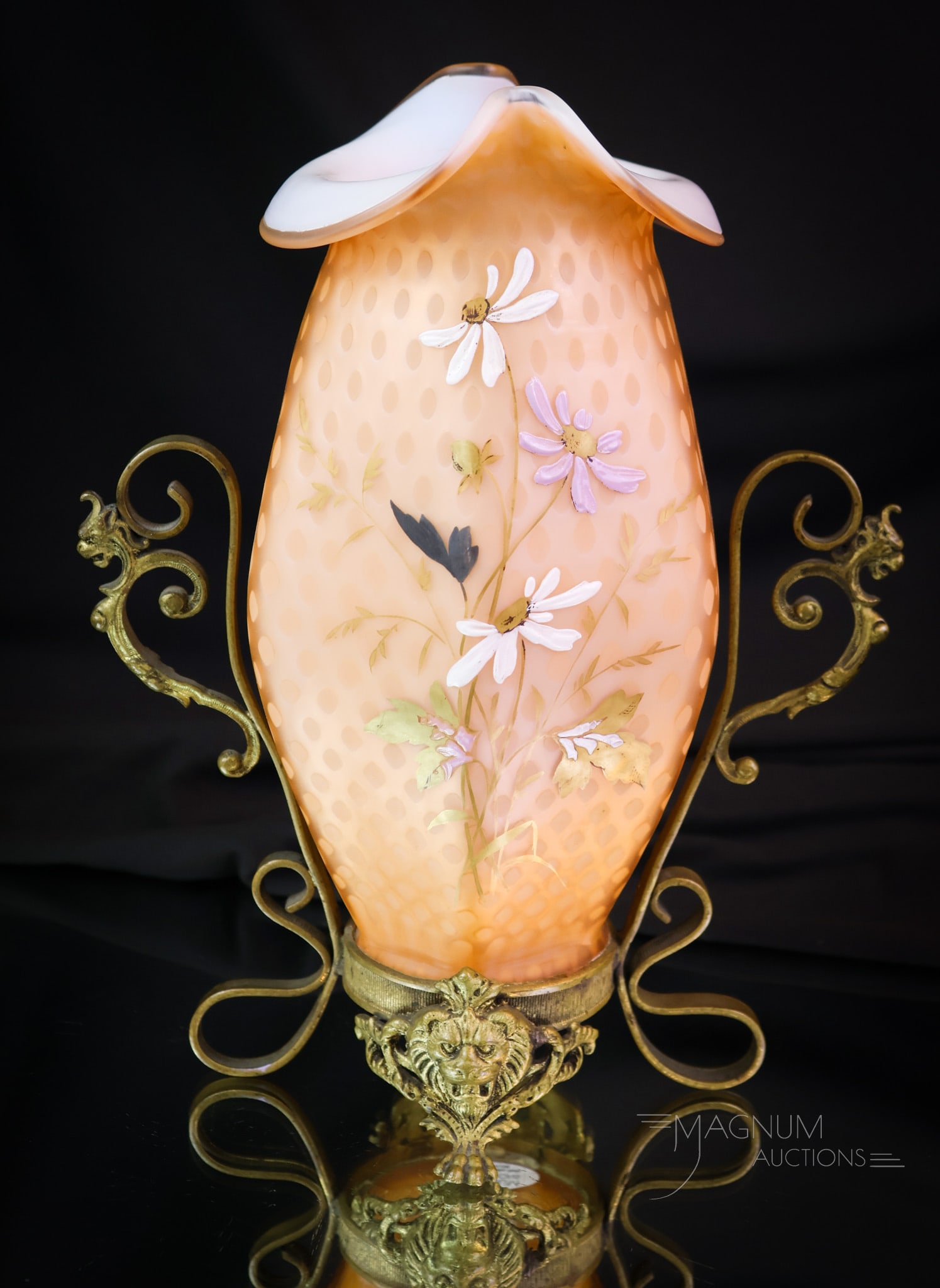 Victorian Mother of Pearl satin Enameled Glass Ormulu Mounted Vase: A wonderful find in an unusual reverse diamond pattern. This is a tangerine mother-of-pearl Victorian enameled satin glass vase in an ormulu frame. This exquisite example measures 9 1/2" tall. Go