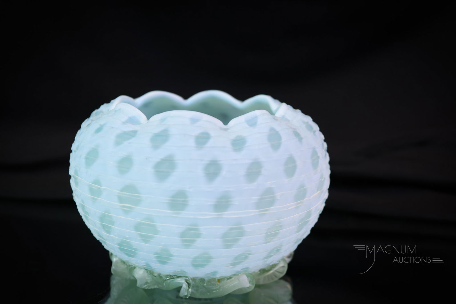 Victorian Blue Opalescent Mother of Pearl Threaded Applied Glass Rose Bowl: A wonderful Victorian art glass rose bowl for your collection. This piece is made in airtrap mother of pearl diamond quilted glass. The rose bowl has overall threading and an applied foot. The piece