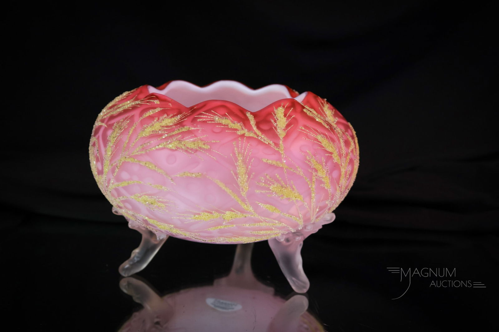 Victorian Mother of Pearl Coralene Art Glass Rose Bowl: Another beautiful example of an art glass rose bowl from the Victorian era. This example is in pink satin mother-of-pearl glass. The pattern is Maltese Cross. The rose bowl has decoration of wheat in