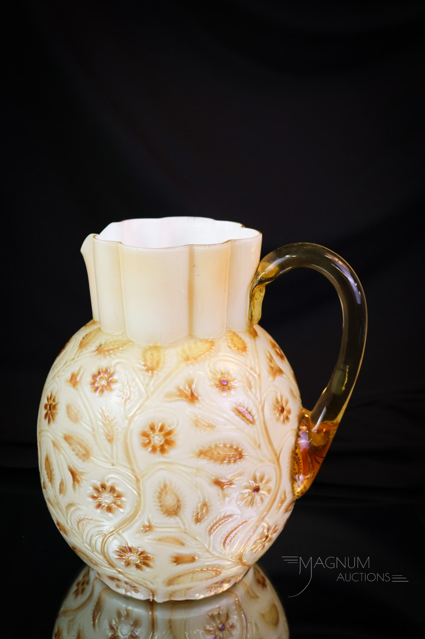 Very Rare Victorian Cinnamon Findlay Onyx Art Glass Water Pitcher: A very rare find in colored Victorian Findlay onyx art glass. This is a water pitcher in a bronze cinnamon coloring. This pitcher is amazing. Seldom do pieces like this surface. A museum piece without