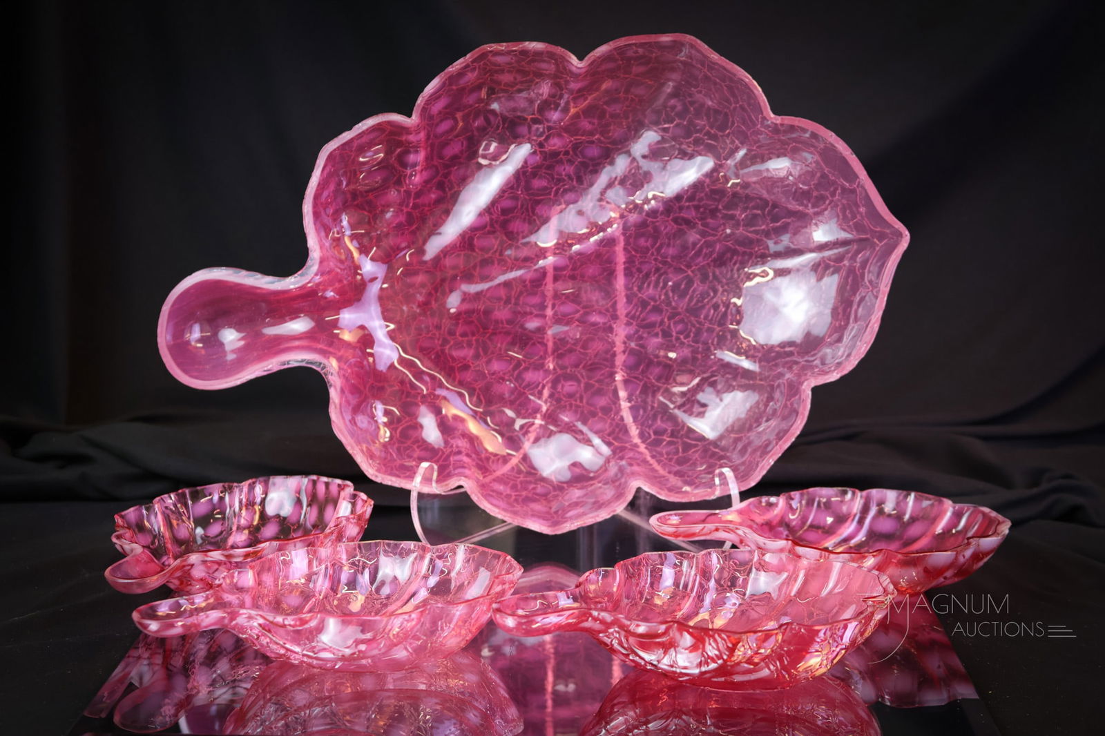 5 pc Set Cranberry Opalescent Craquelle Diamonds Glass Leaf Berry Set: A very rare find in Victorian art glass. This is a five-piece set. Each piece of the set is in a leaf form. The glass is a cranberry opalescent diamonds pattern with a craquelle treatment to the glass