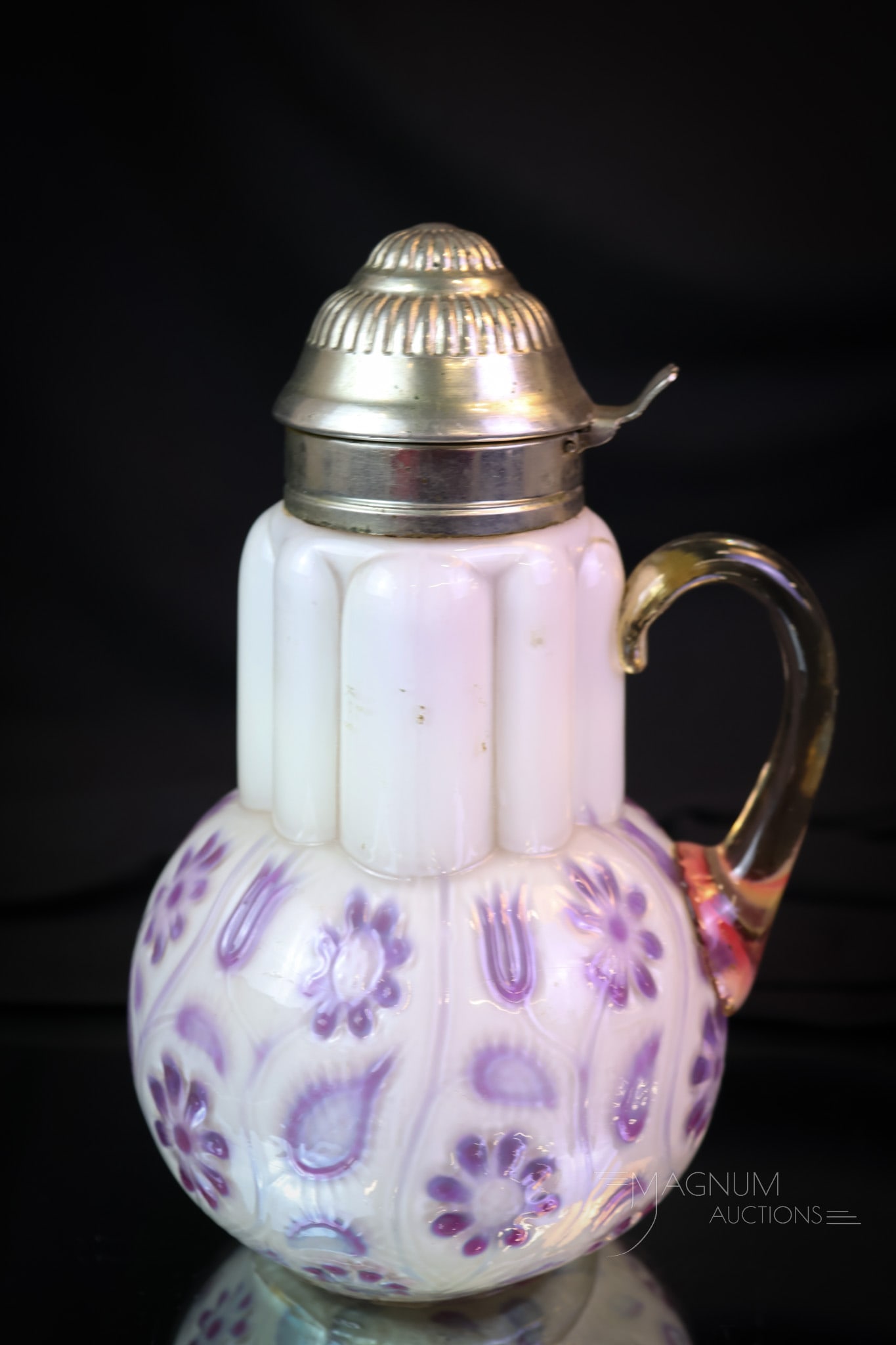 Very Rare Victorian Findlay Glass Orchid Onyx Syrup Pitcher: A very rare find in Victorian Findlay art glass. This is a syrup in the seldom-found Findlay onyx pattern. This example is in a very rare orchid coloring! This is the first we have seen. This gorgeous