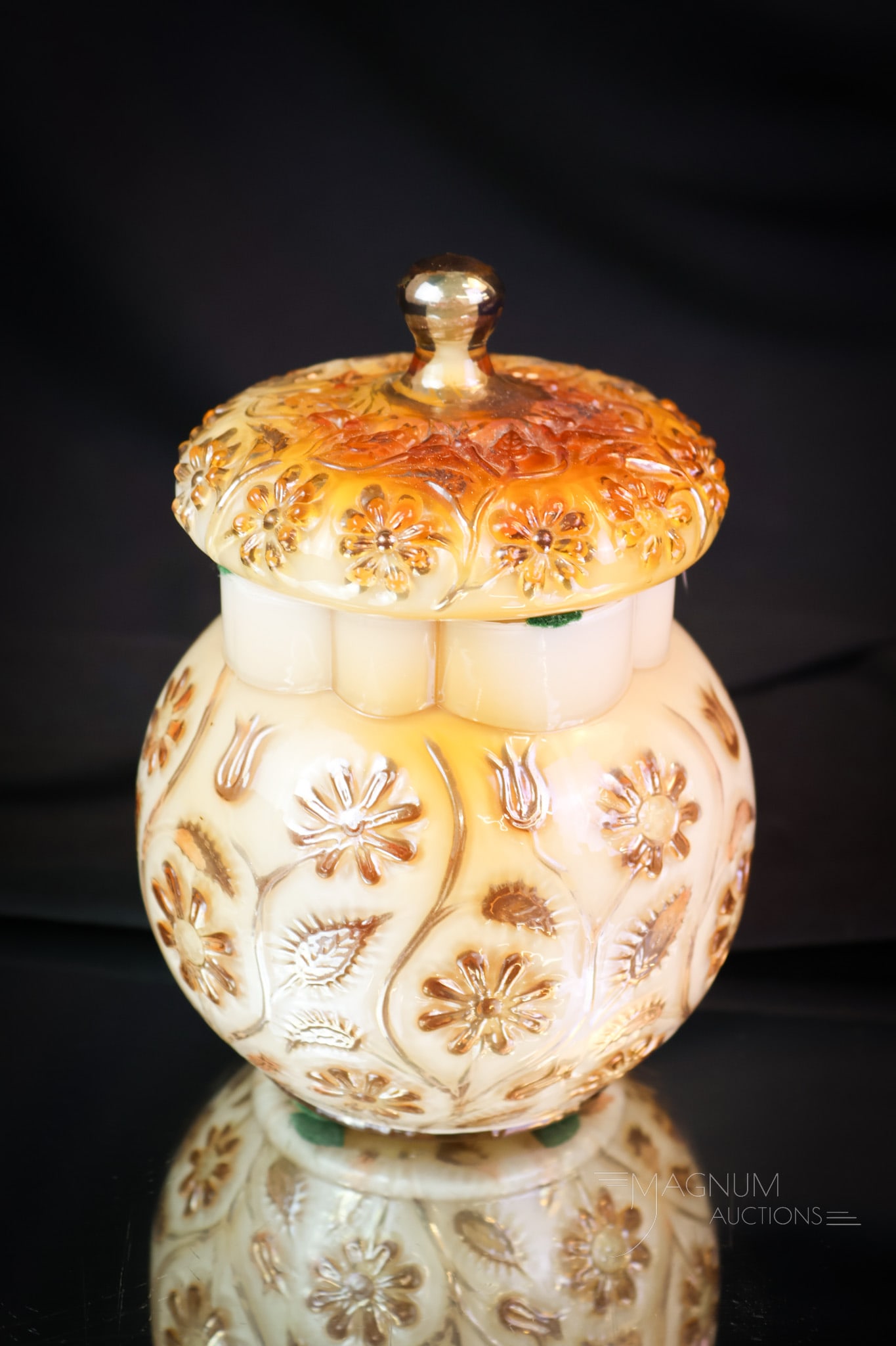 Very rare Victorian Bronze Findlay Onyx Glass Sugar Bowl: A very rare find in Victorian Findlay Onyx arty glass. This is a covered sugar bowl. This piece has extraordinary coloring and iridescence. Seldom if ever do you find pieces in this coloring! This cov