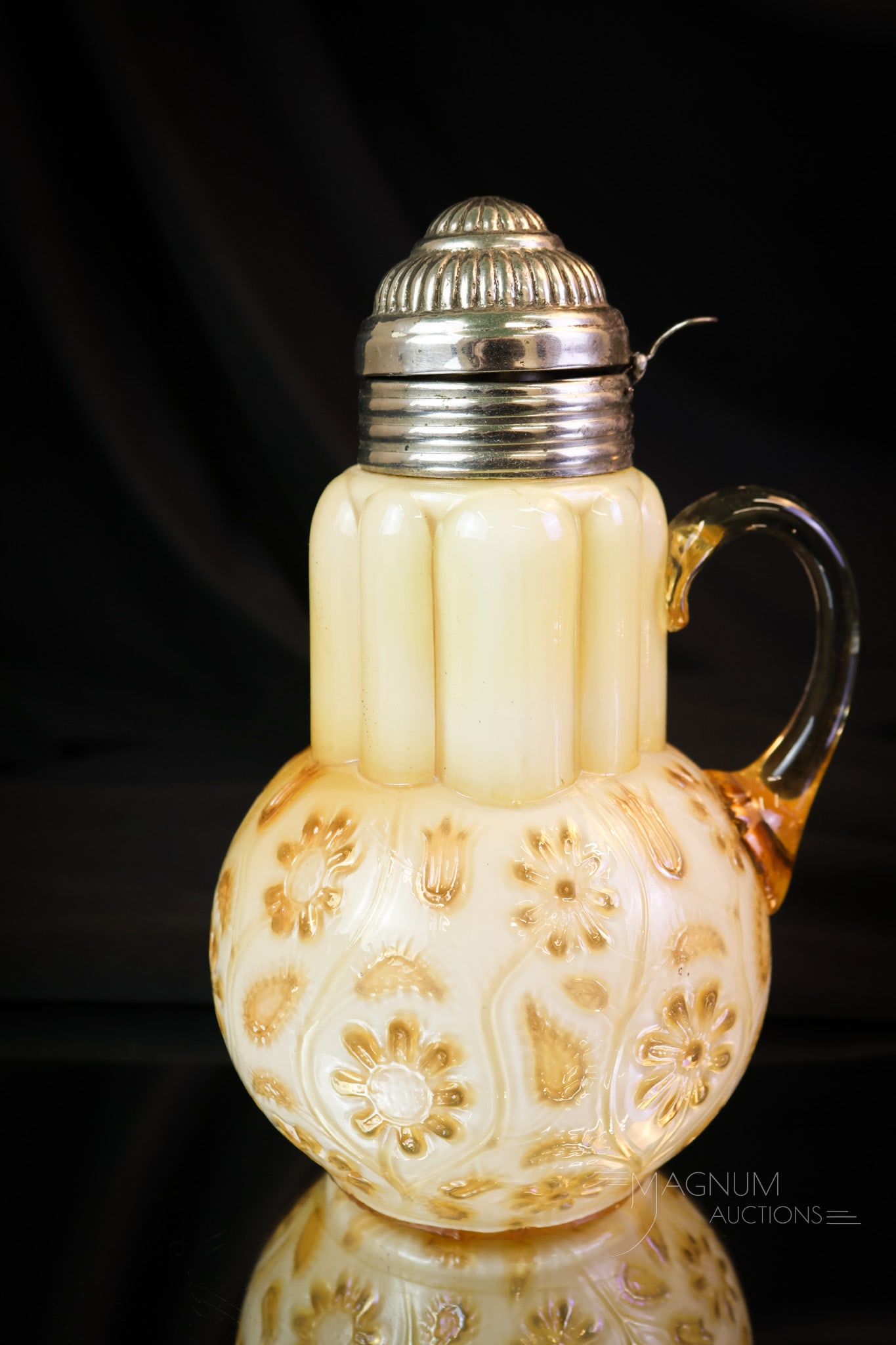 Rare Bittersweet Copper Findlay Onyx Victorian Glass Syrup Pitcher: A rare find in Victorian Findlay glass. This syrup is in the Findlayonyx pattern in a beautiful bittersweet copper coloring. The syrupretains the original lid. There is a circular crack around the bas