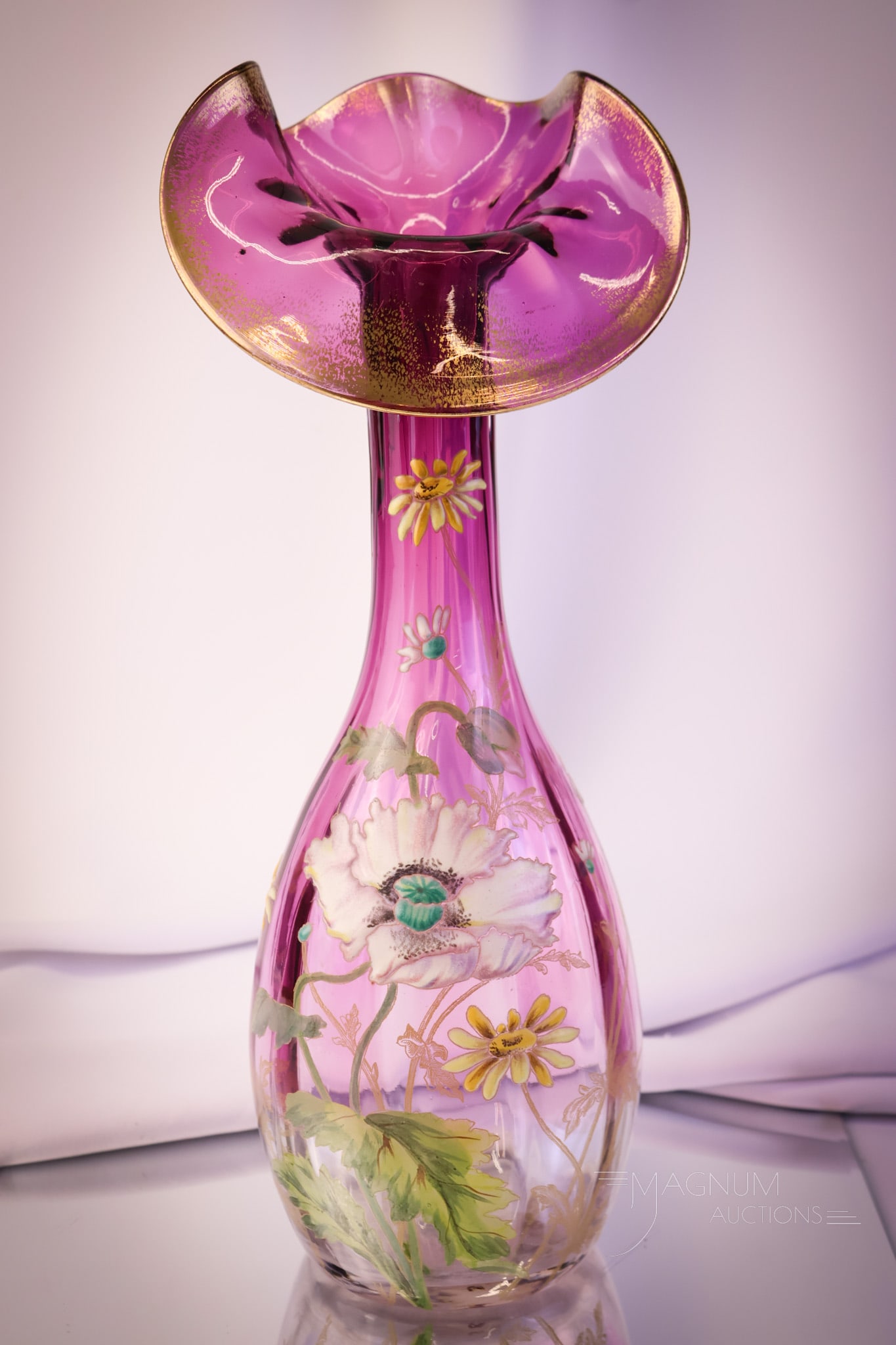 14" Legras Mt. Joye Enameled Victorian Art Glass Jack in the Pulpit Vase: A huge 14" tall Legras/Mt. Joye enameled Victorian art glass vase. This vase is in a Jack-in-the-Pulpit form. It is a deep amethyst color with gilt enameled florals. SHIPPING NOTICE: If you choose not