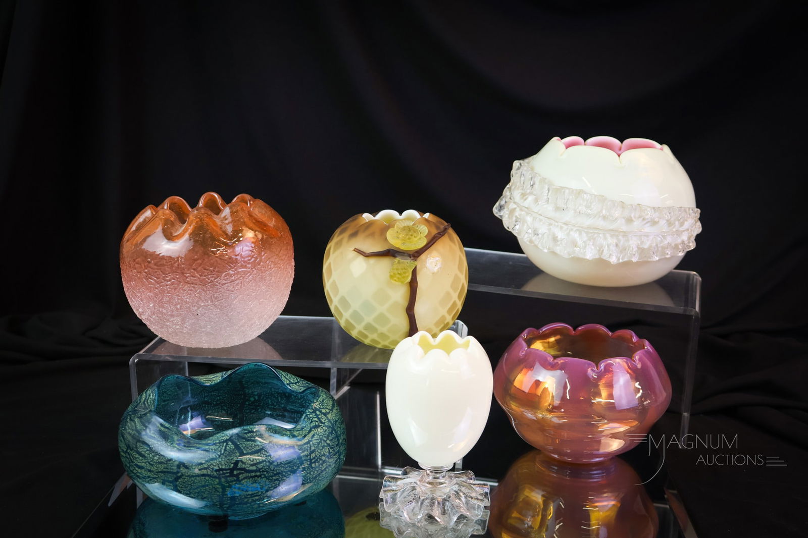 6 pc Lot Delights in Art Glass Rose Bowl Collecting Uranium & More: Six desirable finds in art glass rose bowls. There is an orange overshot example. A blue aventurine. A Monot Stumpf example. Two ivory rose bowls that are rich in uranium and glow under black light. T