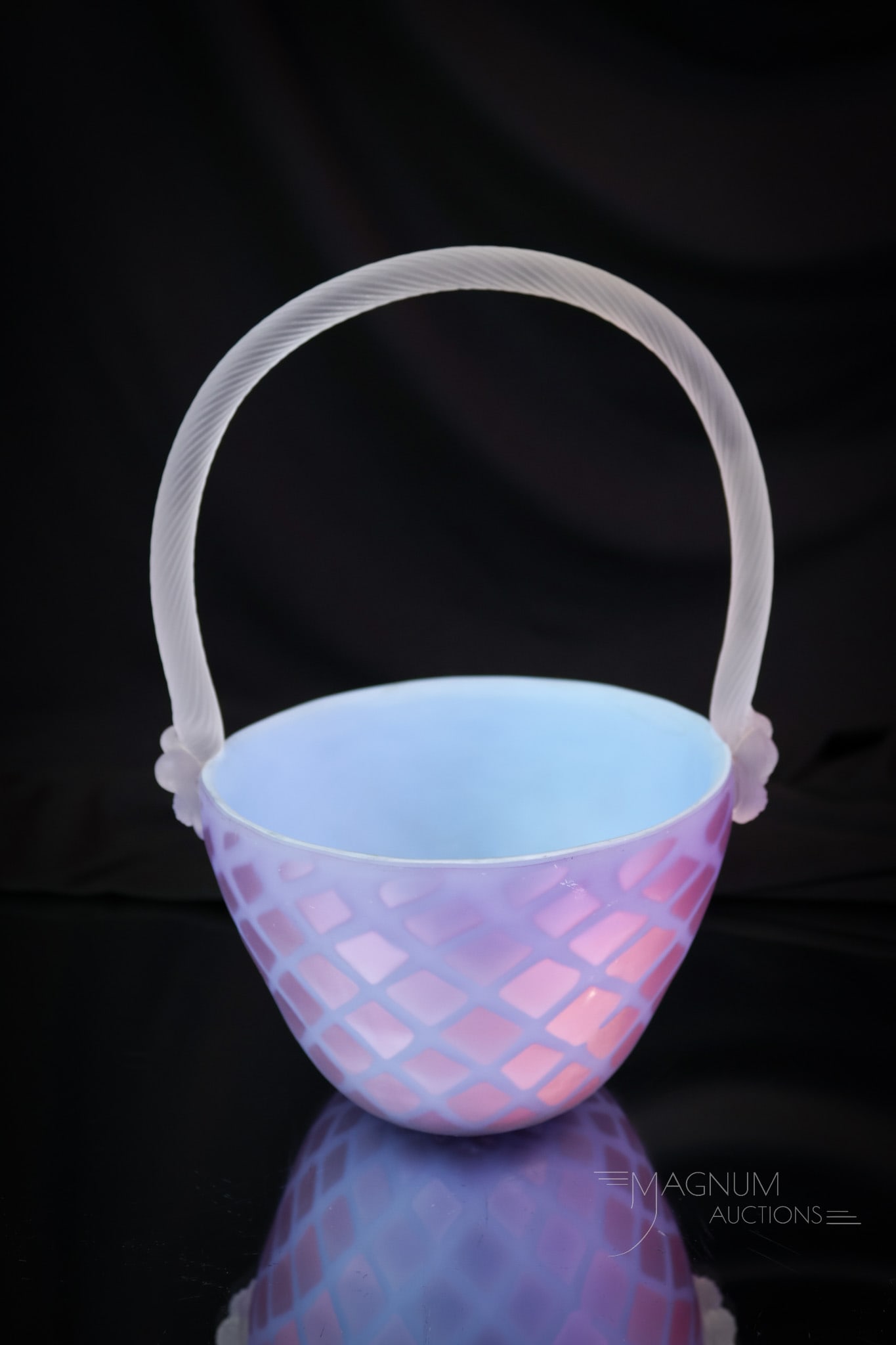 Purple Mother of Pearl Diamond Quilt Glass Art Glass Basket: A beautiful find in a mother-of-pearl diamond quilt art glass basket. This piece is in a purple satin glass with a blue interior. The basket measures 7 1/4" tall. SHIPPING NOTICE: If you choose not to