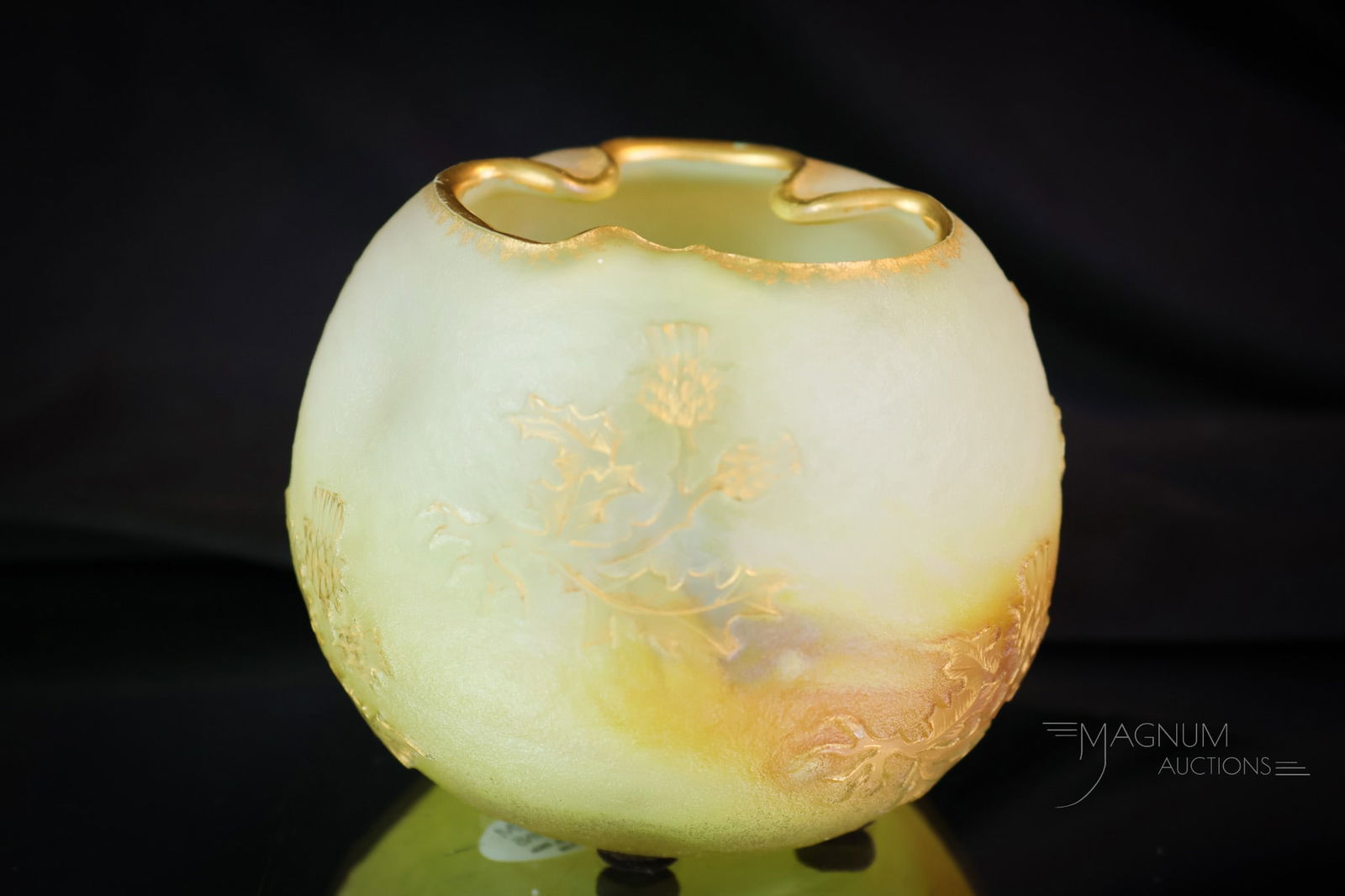Signed Daum Nancy French Cameo Art Glass Rose Bowl: A fine example of a signed Daum Nancy French cameo art glass rose bowl. This piece is in yellow and clear glass with acid-cut thistle flowers and foliage with gold highlights. The rose bowl measures 3