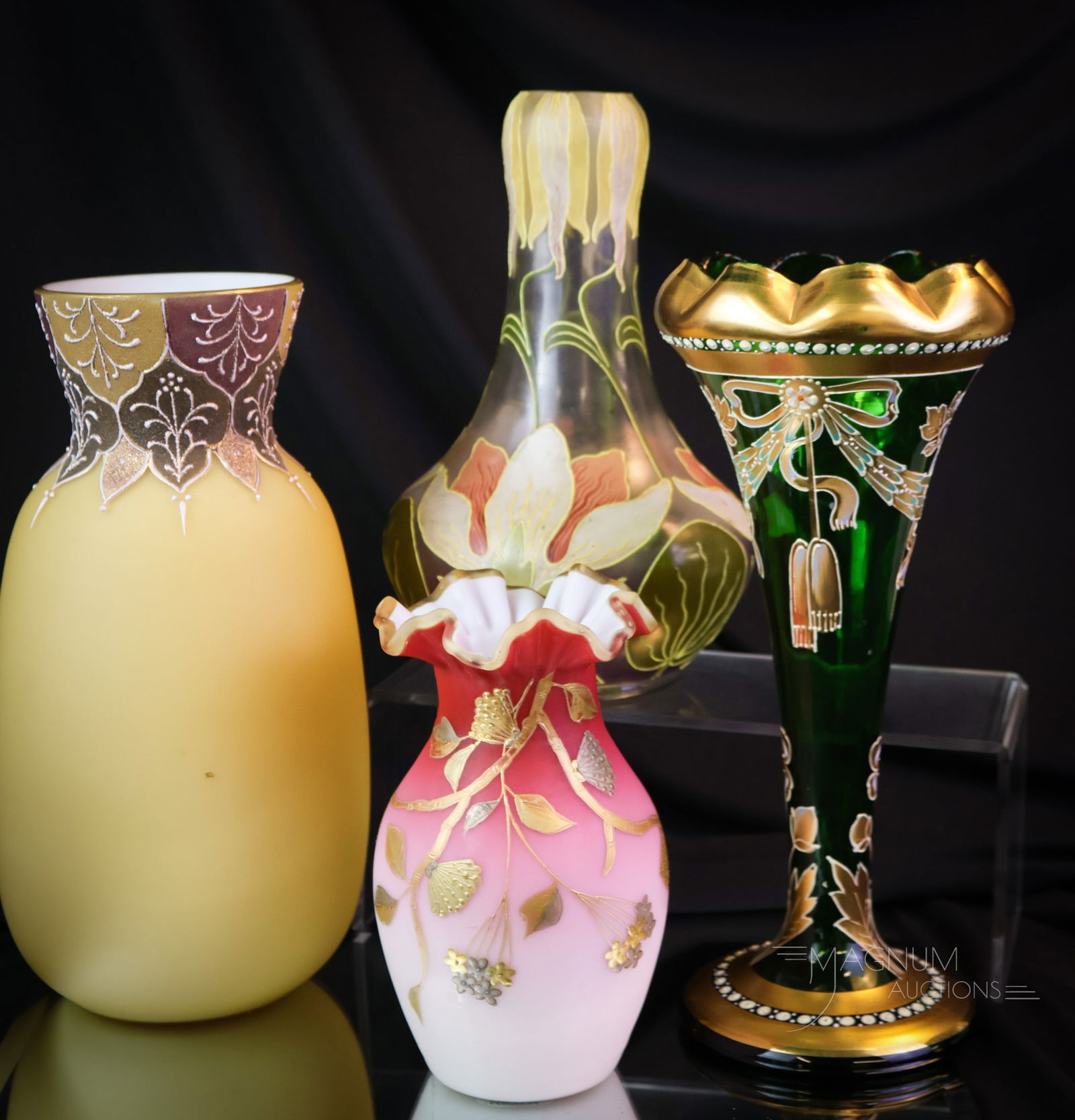 4 pc Lot Victorian Enameled Art Glass: Four distinct finds in Victorian enameled art glass. This lot offers some real gems. Each is a beauty in its own right. The tallest measures 10 1/2". SHIPPING NOTICE: If you choose not to utilize the