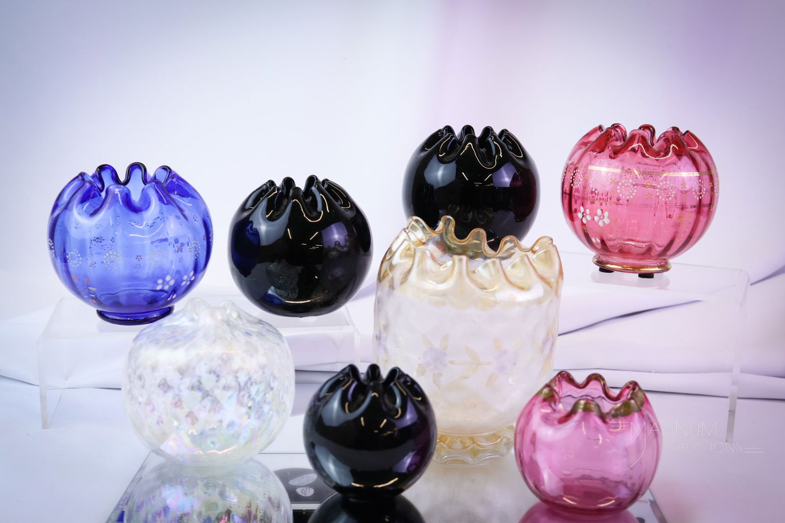 8 pc Lot Art Glass Rose Bowls Northwood New England Carnival & More: Eight desirable finds for your collection. This lot offers an array of collectible rose bowls in various forms and makers. There are three black amethyst. Two Northwood Utopia enameled examples. A New