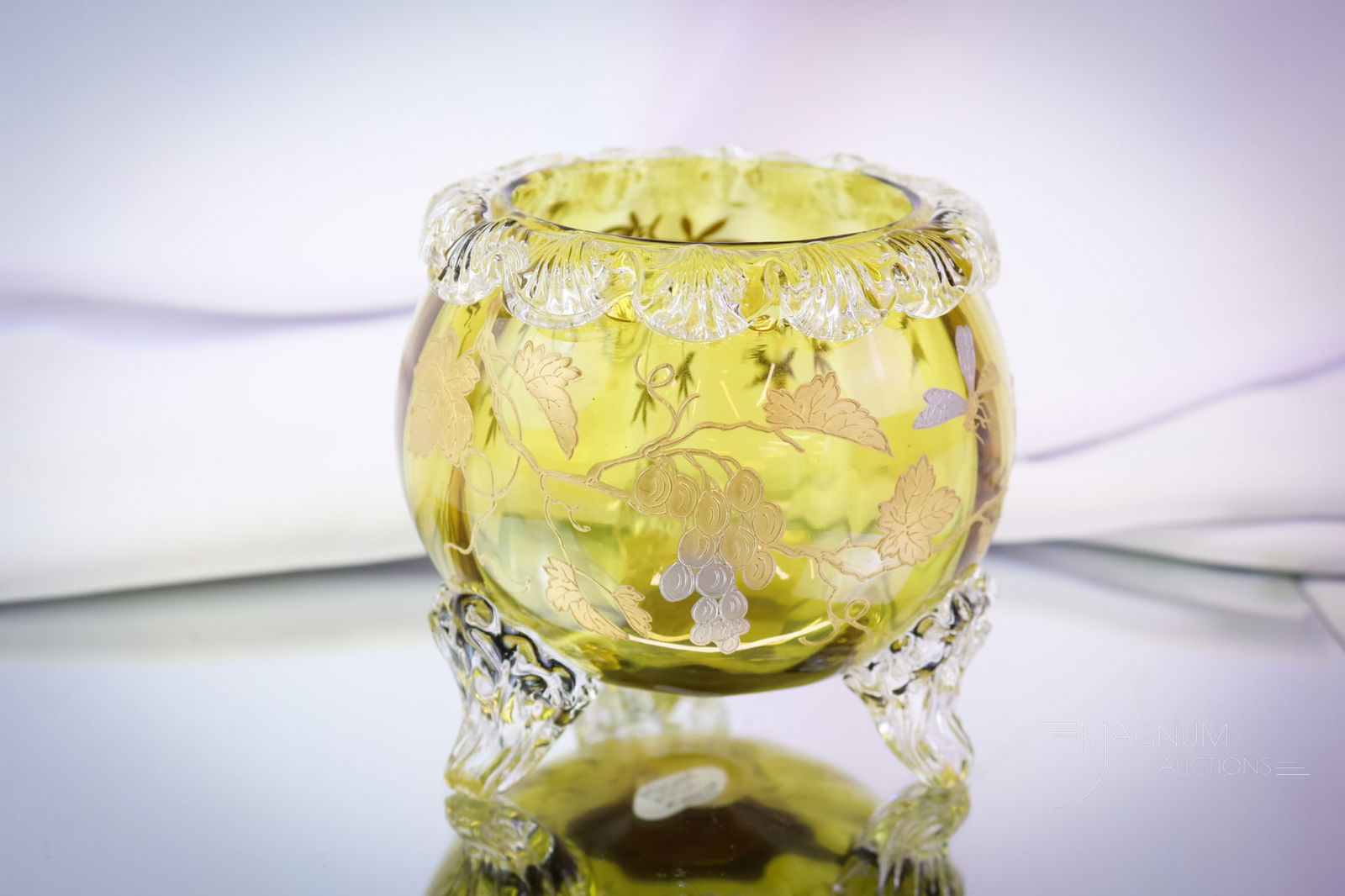 Bohemian Victorian Applied Art Glass Enameled Rose Bowl: A gorgeous example of a Victorian Bohemian maker rose bowl. This piece features an applied glass rim and legs. It is decorated with grapes, vines, and a wasp. The rose bowl measures 4". SHIPPING NOTIC