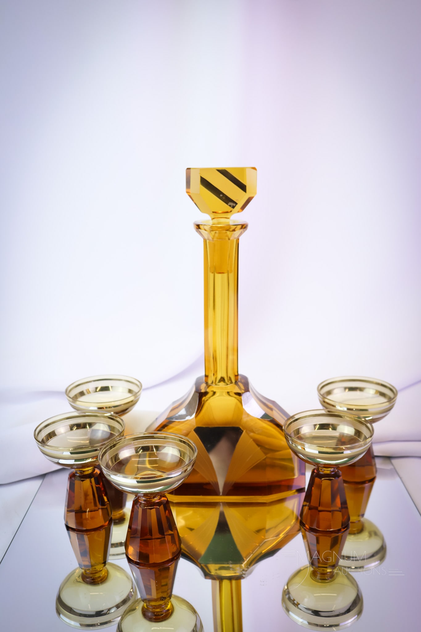 6 pc Czech Art Deco Silver Deposit Glass Decanter Set: Here's a fine Art Deco-style Czech glass decanter set. This set is six pieces of amber frosted glass with silver deposit decorated panels. The tallest measures 10". SHIPPING NOTICE: If you choose not