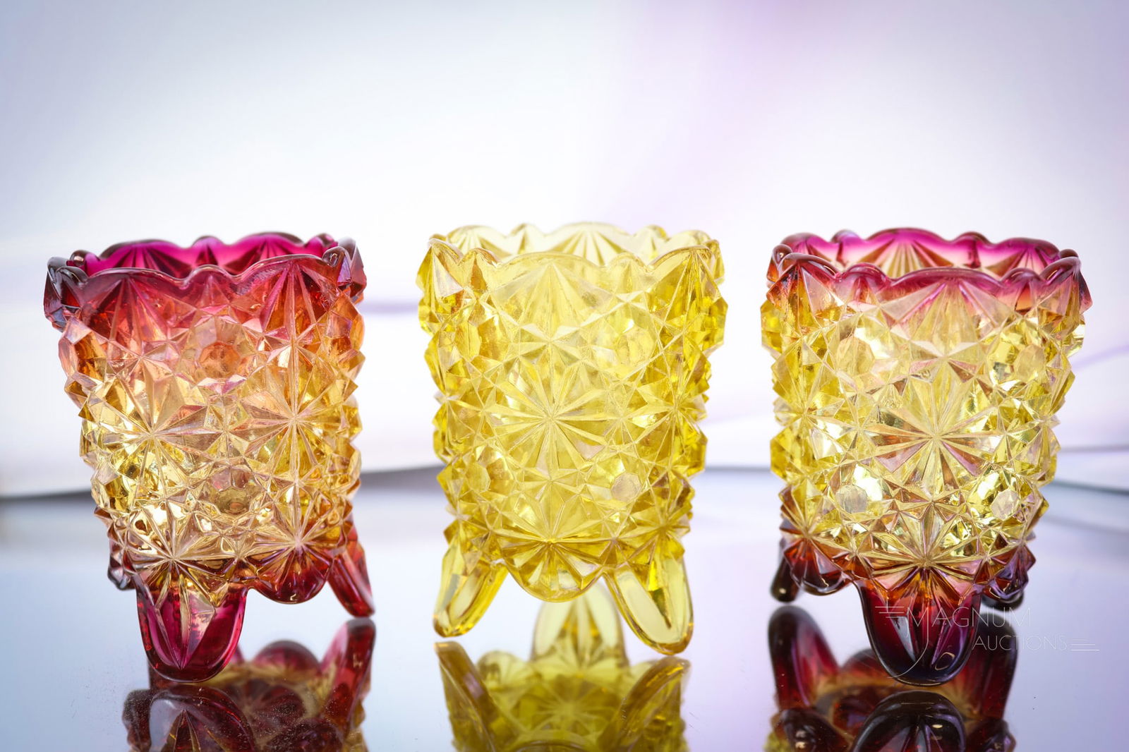 3 pc Lot Hobbs Daisy & Button Victorian Amberina & More Glass Toothpick Holders: Three fine examples of Victorian Hobbs glass toothpick holders in the Daisy & Button pattern. This lot offers two in varying colors of amberina and one in honey amber glass. SHIPPING NOTICE: If you ch