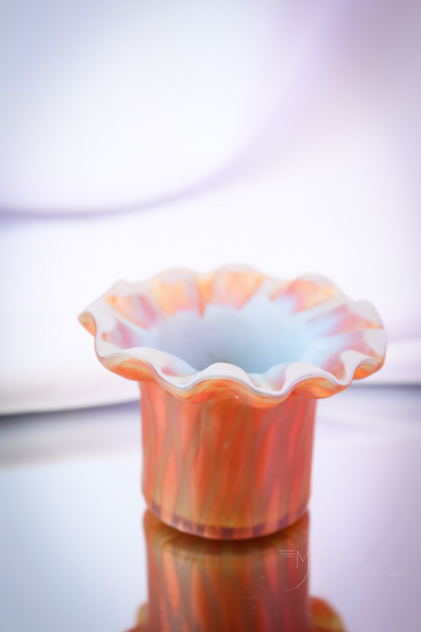 Italian Mother of Pearl Satin Art Glass Toothpick Holder: A beautiful and unusual find in Italian art glass. This example is in a burnt orange color with a blue interior. The diamond-quilt pattern on the body allows the blue color to come through. This