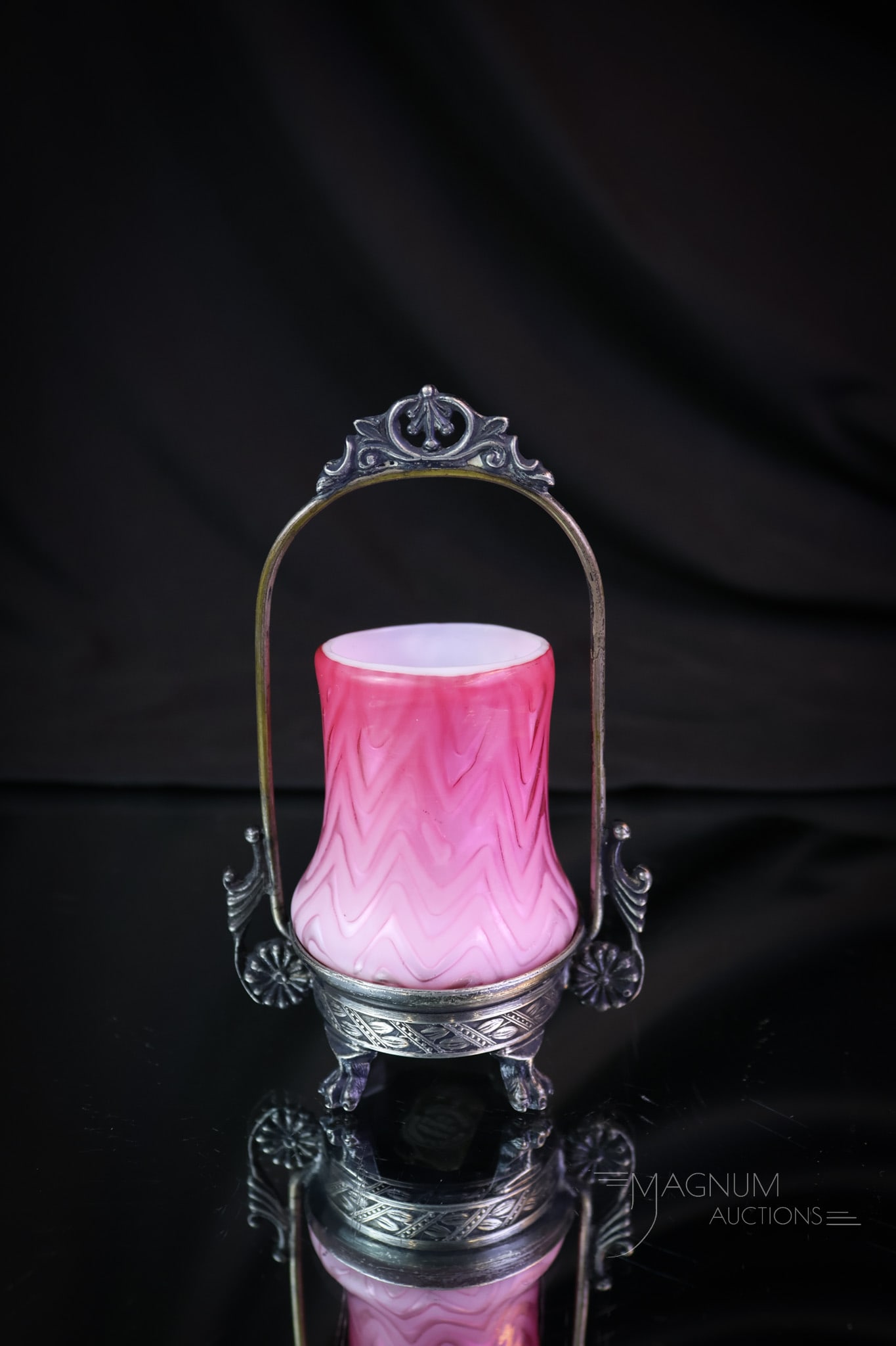 Aurora Silverplate Victorian Mother of Pearl Satin Glass Toothpick Holder: This is a charming little addition for your collection. This little pink Herringbone pattern mother of pearl satin glass toothpick holder resides a signed Aurora silverplate holder. The toothpick