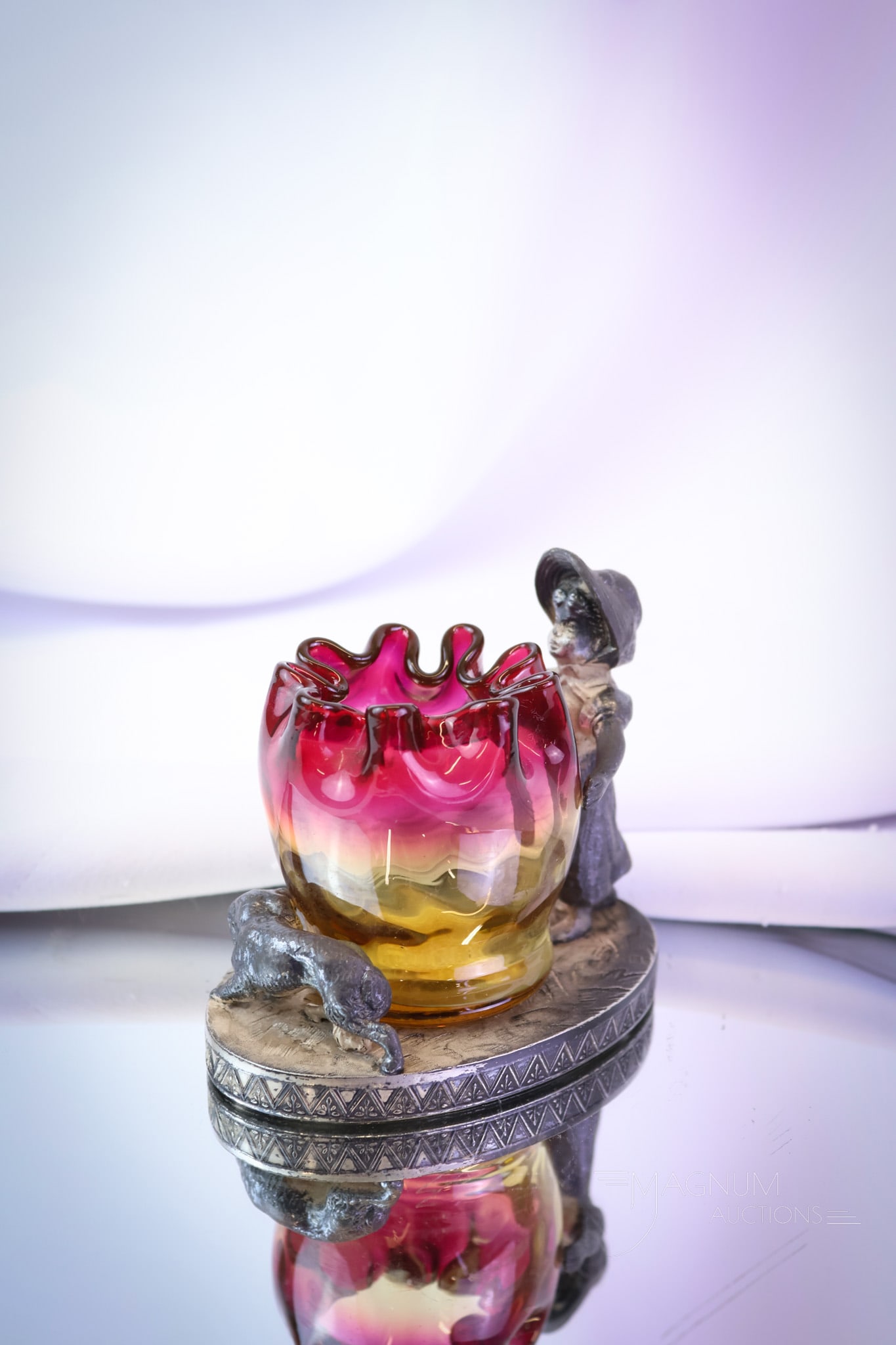 Tufts Silverplate Kate Greenaway Figural Silverplate Amberina Toothpick Holder: A sweet little signed Tufts Victorian silverplate figural Kate Greenaway holder embracing a New England amberina toothpick holder. This piece has extraordinary detail and coloring. The piece measures