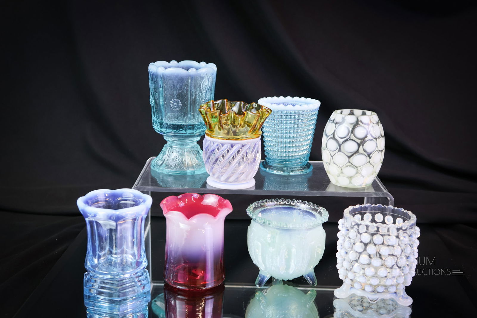 8 pc Lot Victorian Opalescent Glass Toothpick Holders: Eight fine examples of Victorian opalescent glass toothpick holders. This lot includes LaBelle, Fenton, Model Flint, and more. There's a scarce opalescent Coinspot example in a barrel shape. Don't mis