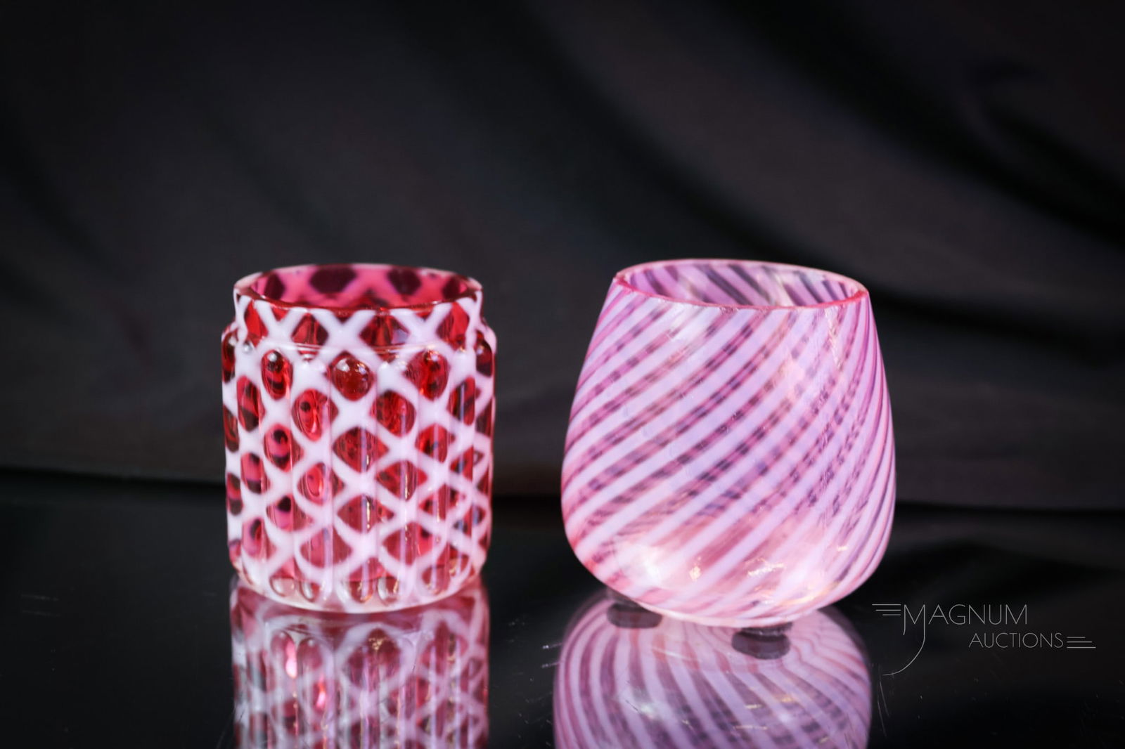 2 pc Lot Cranberry Opalescent Victorian Toothpick Holders: Two unique Victorian cranberry opalescent toothpick holders for your bidding pleasure. Both in one lot. There's a Northwood Ribbed Lattice along with a Nickel Plate Co. Swirl example. The tallest meas