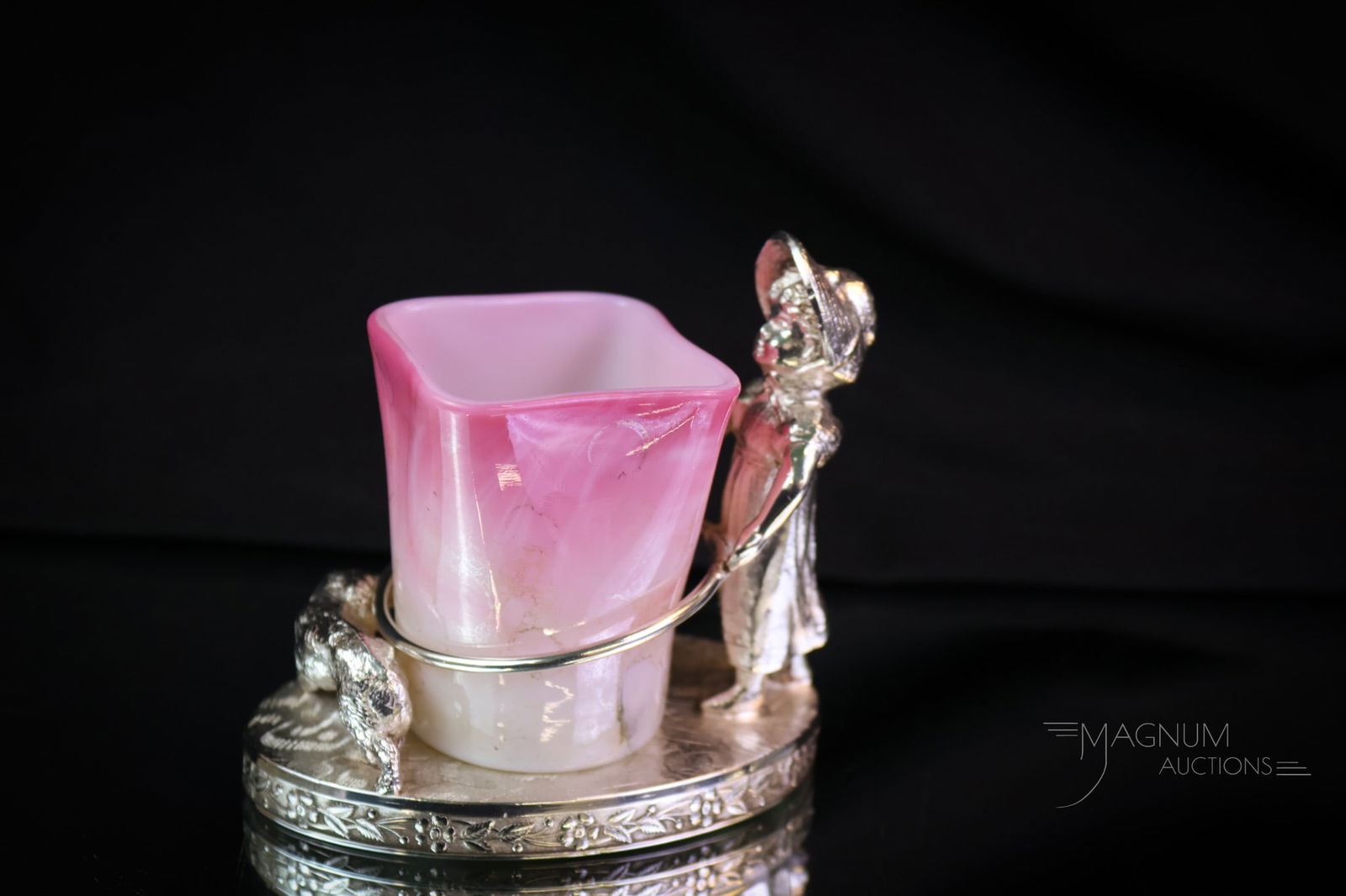 Tufts Silverplate Kate Greenaway Peachblow Agata Glass Toothpick Holder: Another lovely find in our line-up of Victorian silverplate and art glass toothpick holders. This one is a signed Tufts silverplate holder featuring a Kate Greenaway little girl with a dog. The