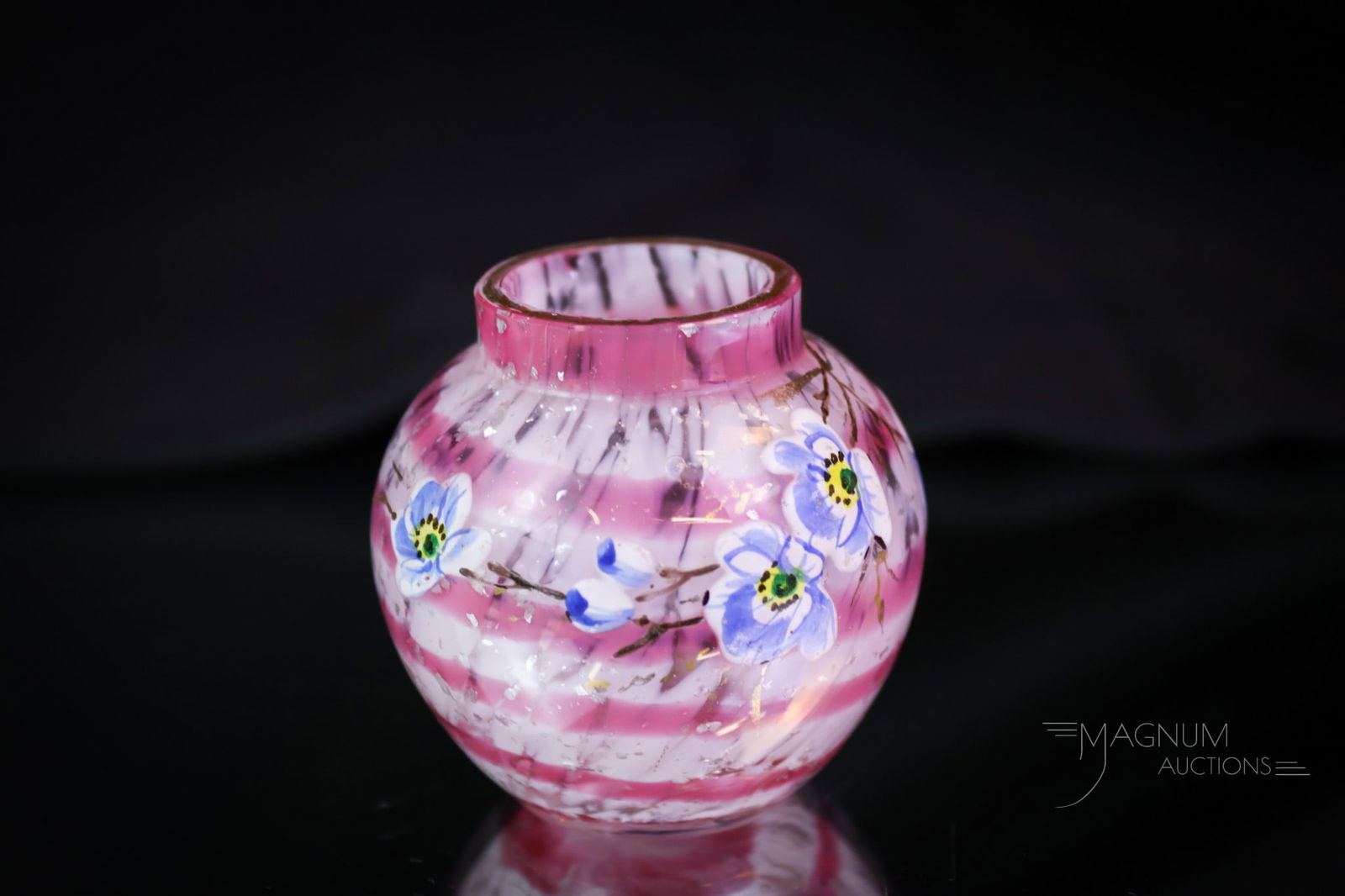 Phoenix Harrach Victorian Mica Spatter Art Glass Toothpick Holder: A rare find in a Victorian art glass toothpick holder. This piece is attributed to Phoenix or Harrach. The toothpick features horizontal stripes with pink and white splatter and mica inclusions. The p