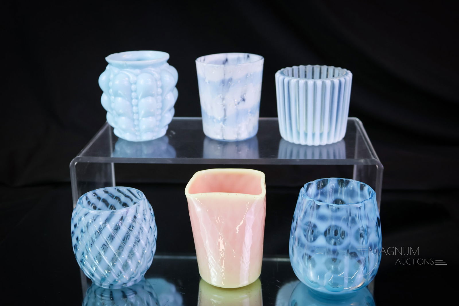 6 pc Lot Victorian Opalescent Mt. Washington Glass & More Toothpick Holders: Six desirable finds in Victorian toothpick holders. In this lot, there is a Mt. Washington burmese diamond quilted example in glossy finish. There's also a Blue Reverse Swirl pattern example. A blue o