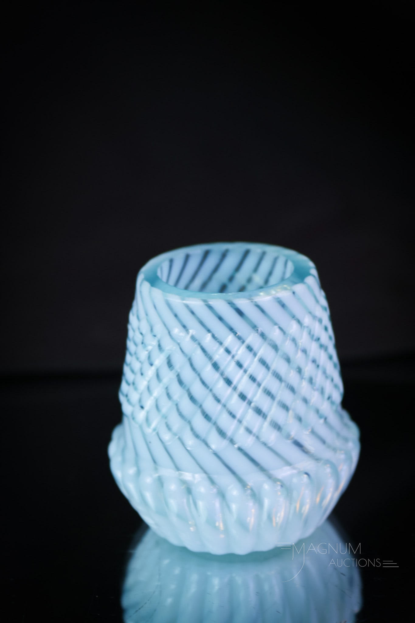 Northwood Blue Opalescent Chrysanthemum Base Swirl Victorian Toothpick Holder: A beautiful Northwood blue opalescent glass toothpick holder in the Chrysanthemu Base Swirl pattern. This one has nice opal and color. The toothpick measures 2" tall. SHIPPING NOTICE: If you choose no