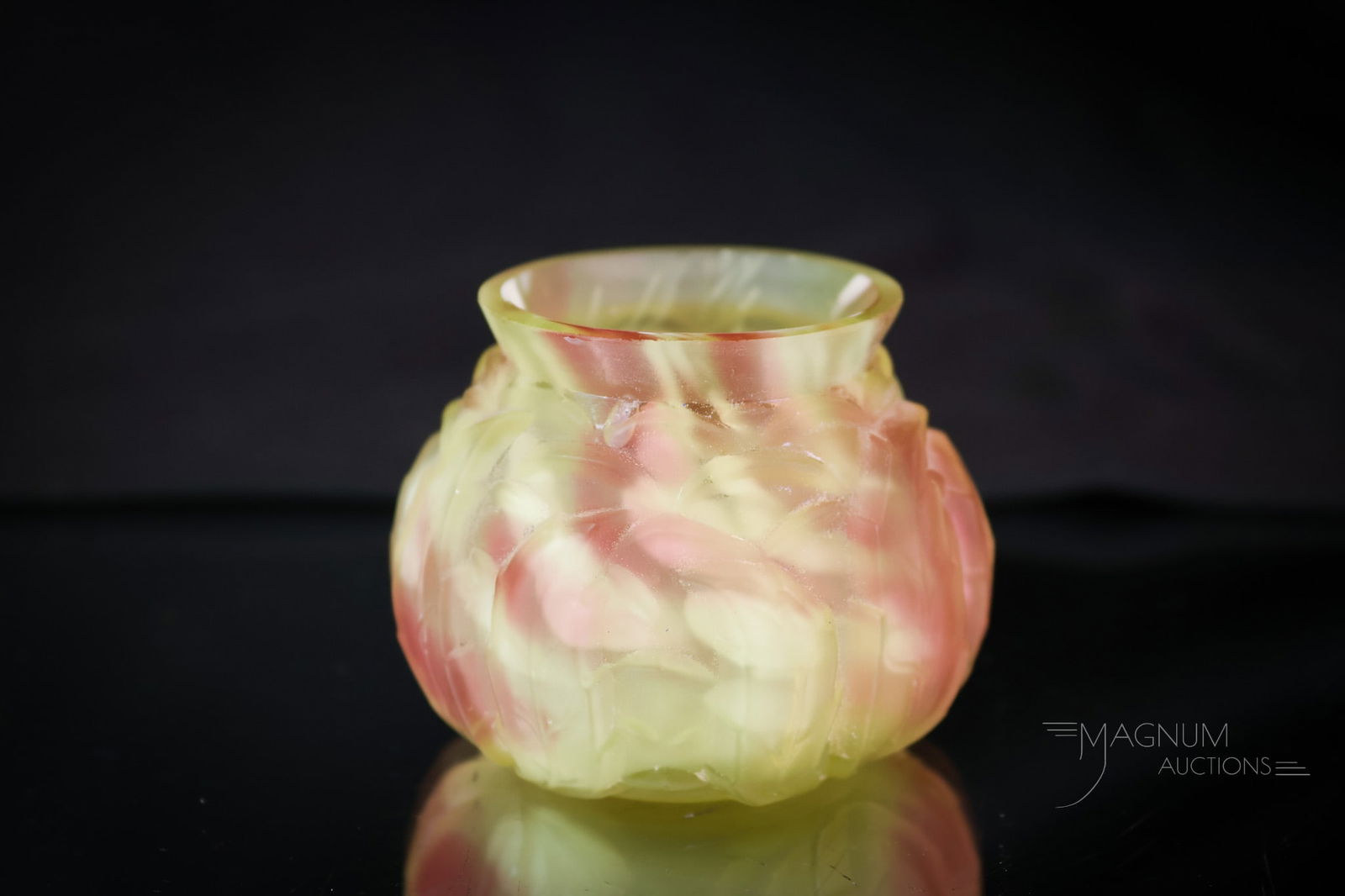 Northwood Leaf Mold Vaseline Uranium Cranberry Satin Toothpick Holder: A glowing find in a Northwood vaseline cranberry satin spatter toothpick holder. This toothpick glows brightly under black light with its uranium content. The toothpick measures 2" tall. SHIPPING NOTI