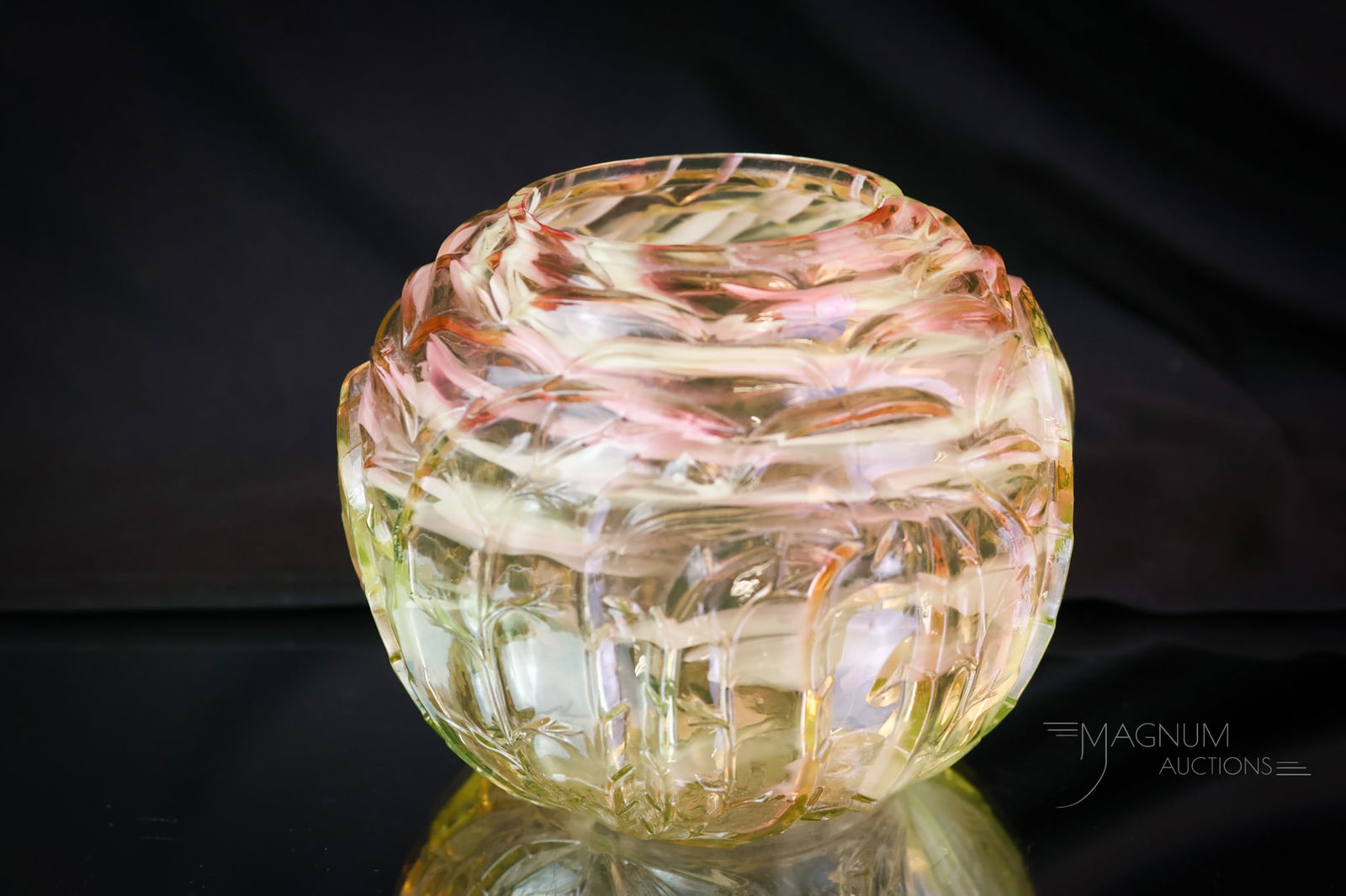 Northwood Uranium Vaseline Cranberry Spatter Leaf Mold Rose Bowl: A uranium-rich Northwood cranberry vaseline spatter glass Victorian rose bowl. This fine example has extraordinary coloring. The piece measures 4" tall. SHIPPING NOTICE: If you choose not to utilize t