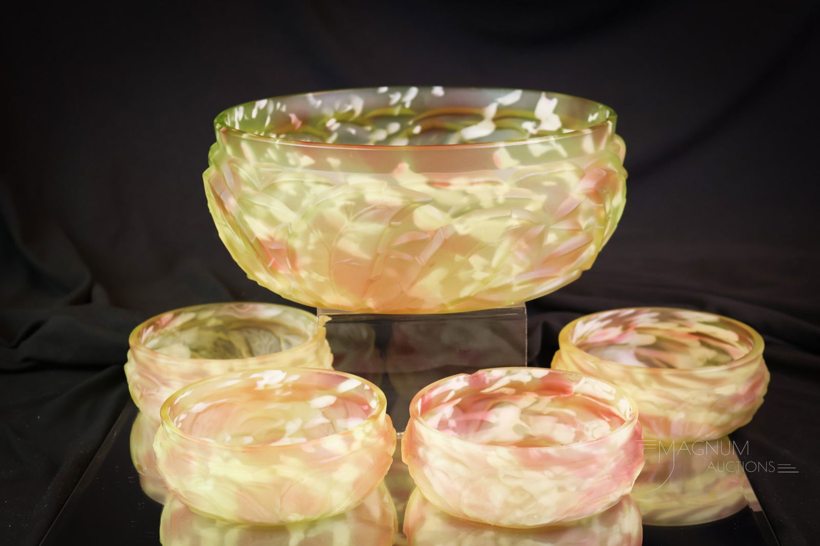 5 pc Northwood Leaf Mold Vaseline Uranium Cranberry Satin Berry Set: A five-piece berry set in Northwood Leaf Mold pattern. This set is in uranium-rich vaseline cranberry satin spatter glass. The set consists of a master berry bowl and four individual berry bowls. SHIP