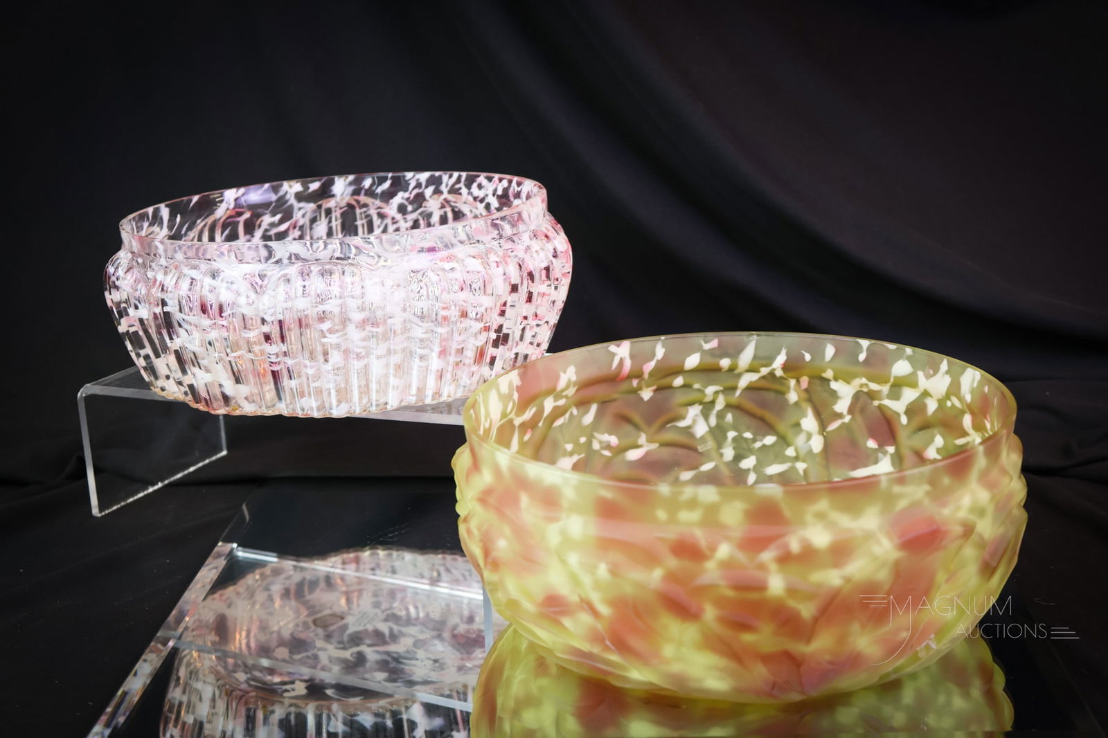 2 pc Lot Northwood Master Berry Bowls Uranium Vaselie Cranberry Spatter: Two examples of Northwood spatter glass master berry bowls. One in the Ribbed Pillar pattern. The other in the Leaf Mold pattern. The Ribbed Pillar example is clear with cranberry, pink, and white spa