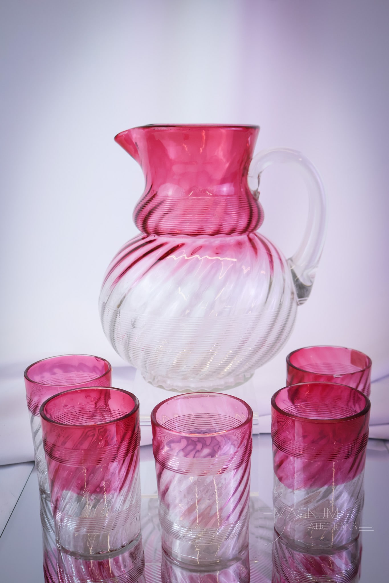Northwood Victorian Cranberry Threaded Rubina 6 pc Water Set: A seldom-found Northwood Threaded Rubina Victorian six-piece water set. This seldom-found pattern is a find for any collector. The set includes a pitcher and five tumblers. The tallest of the set meas