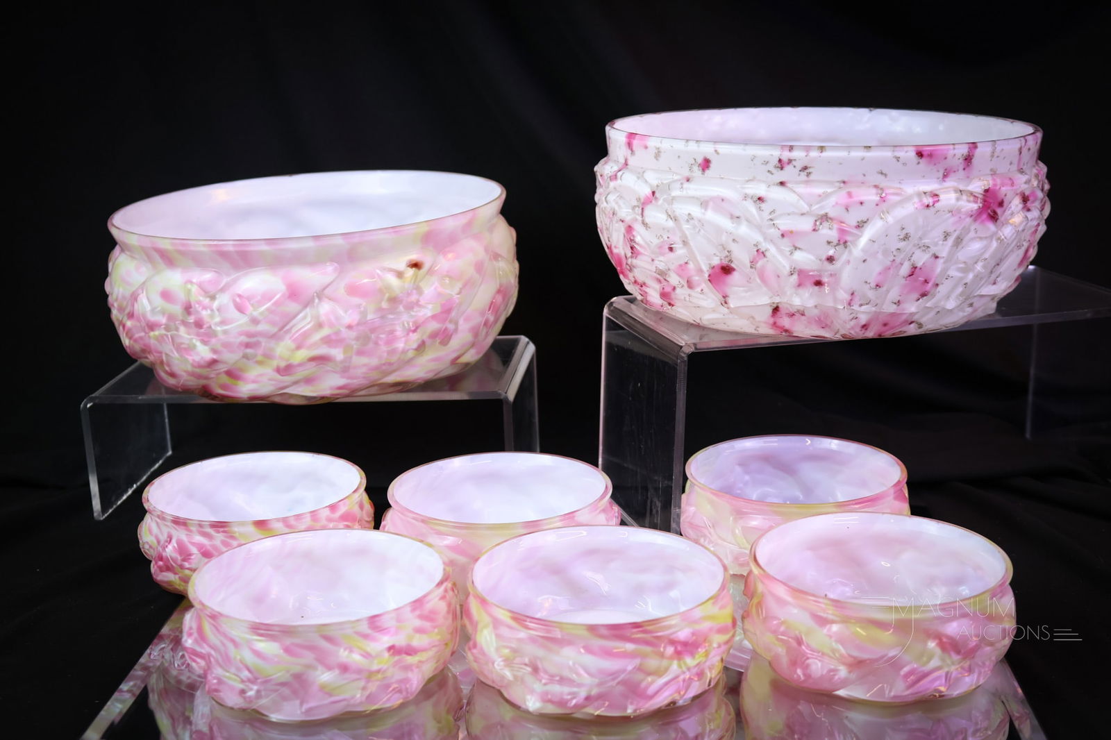 8 pc Northwood Royal Ivy Cased Spatter Victorian Glass Berry Set & More: Here's a complete seven-piece Victorian Northwood berry set in the Royal Ivy pattern. This set is in the cased rainbow spatter coloring. There's an additional Northwood bowl in the mix. This is a Leaf