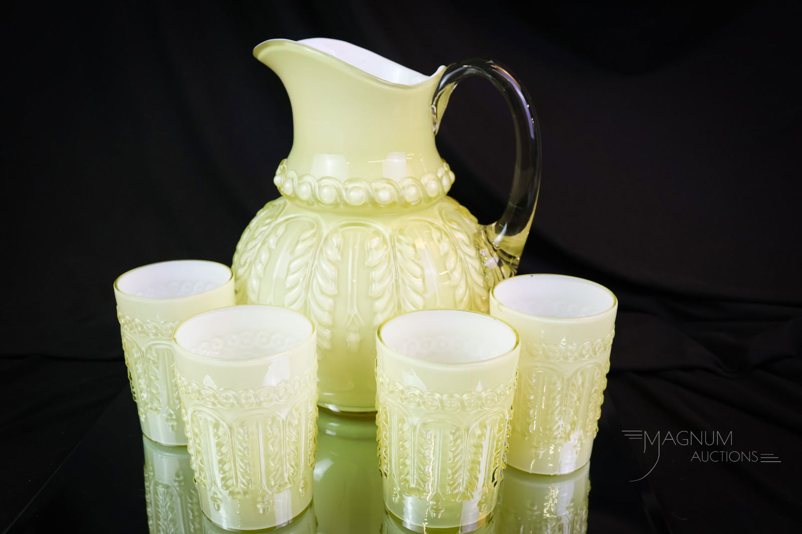 Northwood Leaf Umbrella Uranium Victorian Glass Water Set: Boy, does this set light up under black light! Shiner alert here, folks! This is a five-piece water set in the Leaf Umbrella pattern by Northwood. This set is in cased lemon coloring. The tallest of t
