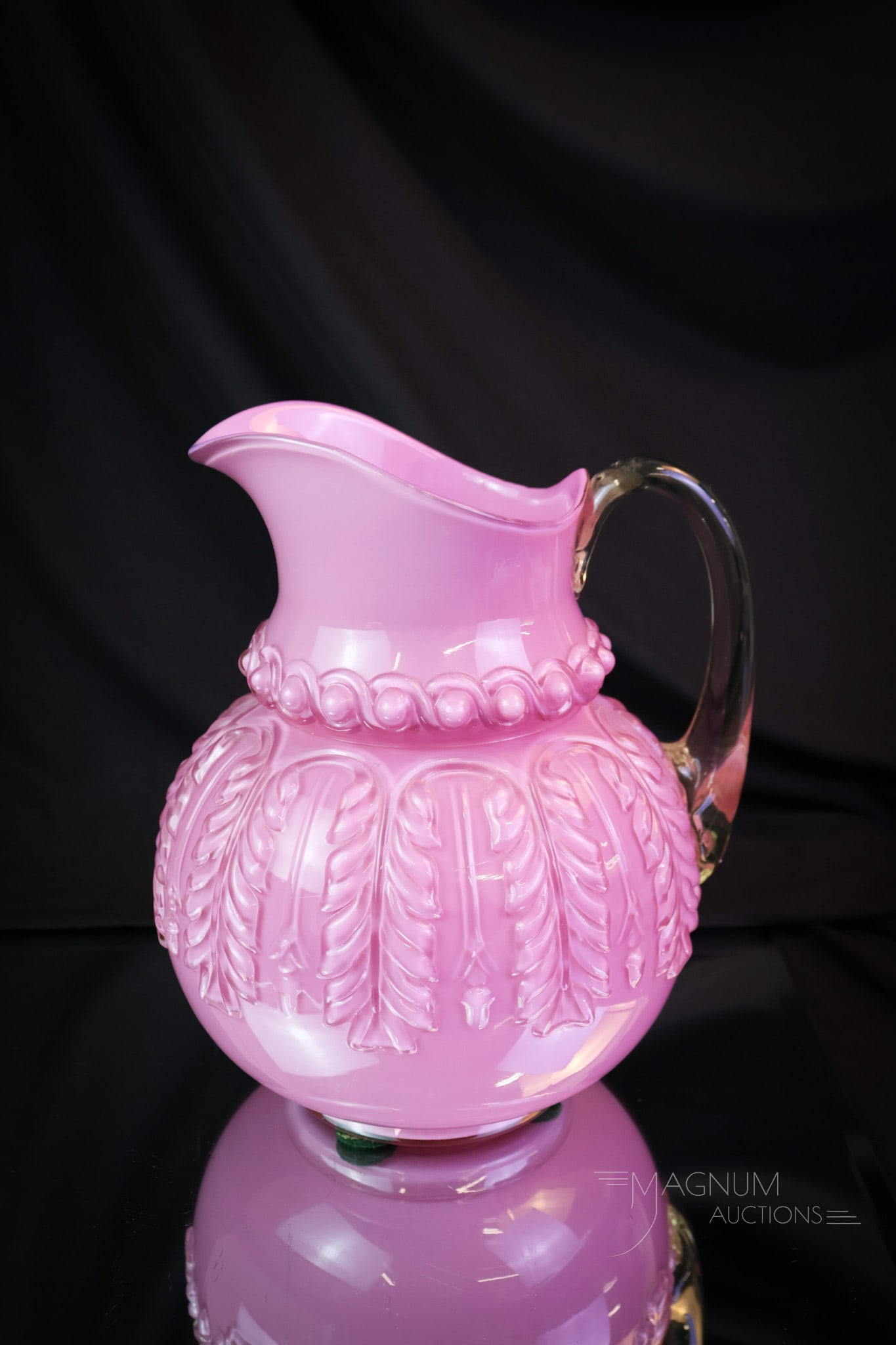 Northwood Mauve Cased Leaf Umbrella Victorian Glass Water Pitcher: A fine Northwood Leaf Umbrella pattern Victorian glass water pitcher in the Rose Du Barry coloring or mauve cased. This pitcher is gorgeous and measures 8 1/2" tall, of pure beauty. SHIPPING NOTICE: I