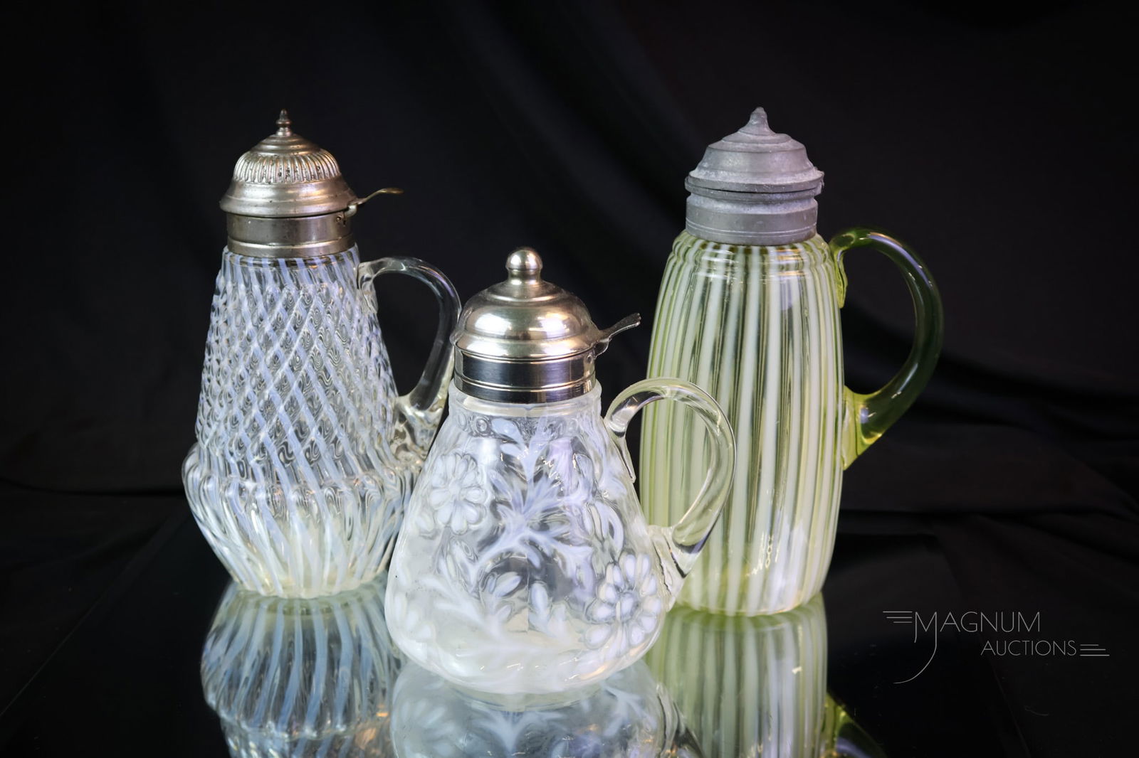 3 pc Lot Victorian Opalescent Syrup Pitchers Vaseline Uranium & More: Three nice finds in Victorian opalescent syrup pitchers. The first is a vaseline opalescent stripe example. The second is Northwood Chrysanthemum Base Swirl in clear opalescent. The last is a West Vir