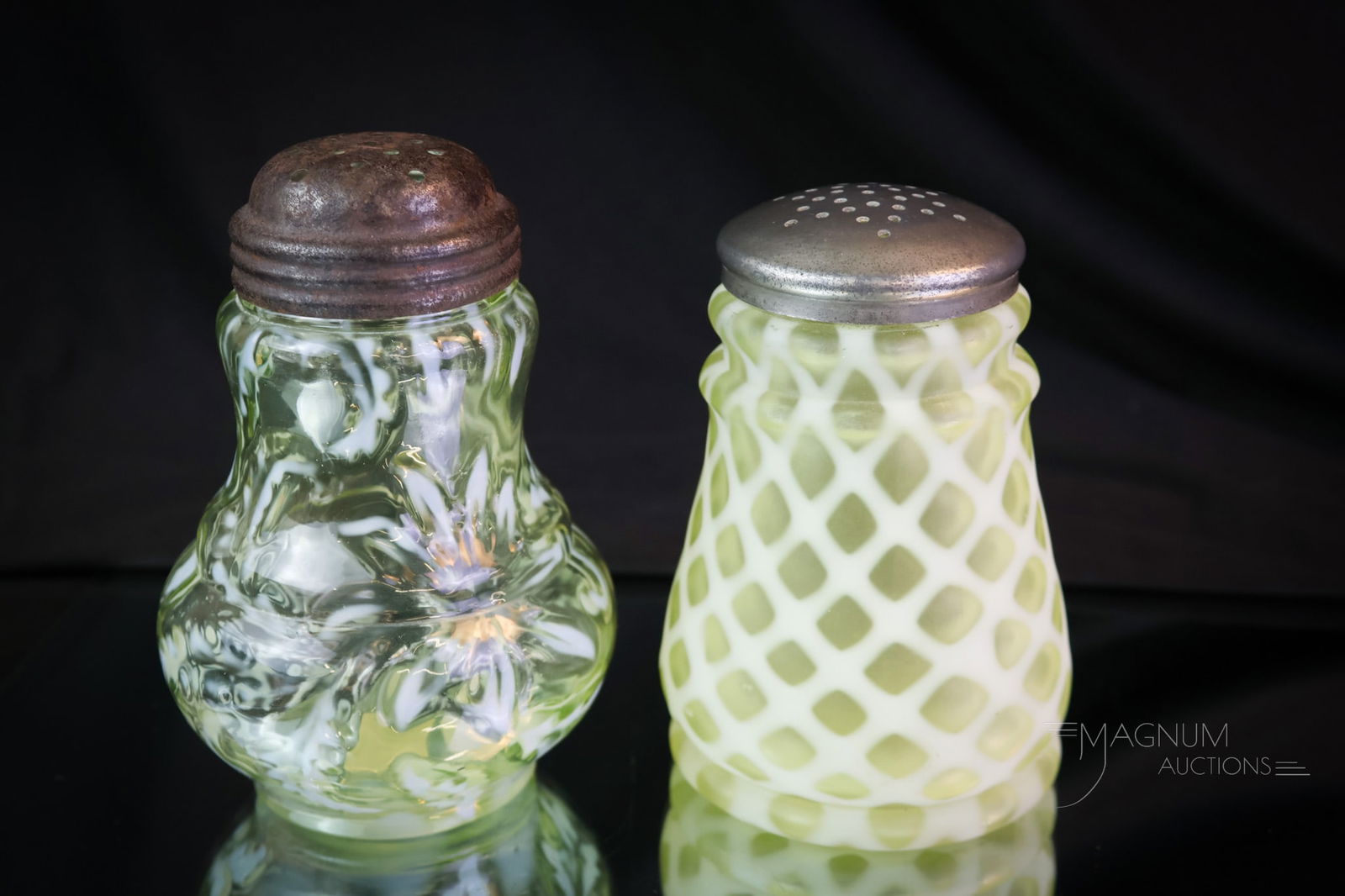 2 pc Lot Victorian Vaseline Uranium Opalescent Glass Sugar Shakers Northwood & More: Two very desirable finds in Victorian glass sugar shakers. The first is a Northwood Poinsettia pattern. The second is a Buckeye glass Tapered Bubble Lattice pattern in satin finish. Both glow brightly