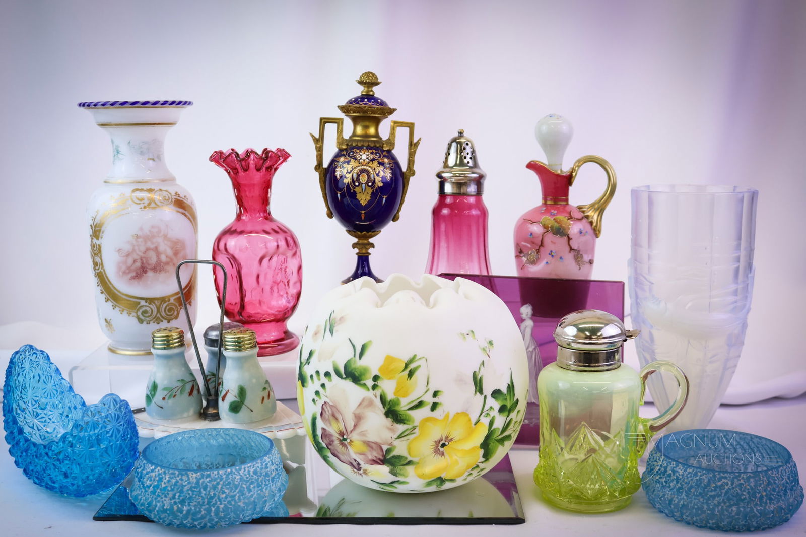 13 pc Lot Victorian Antiques Glass & Porcelain: Thirteen collectible finds in Victoriana for your bidding pleasure. This lot offers a variety of goodies that will tempt your bidding finger. The lot includes a Jonling, France fish vase. A Sevres cob