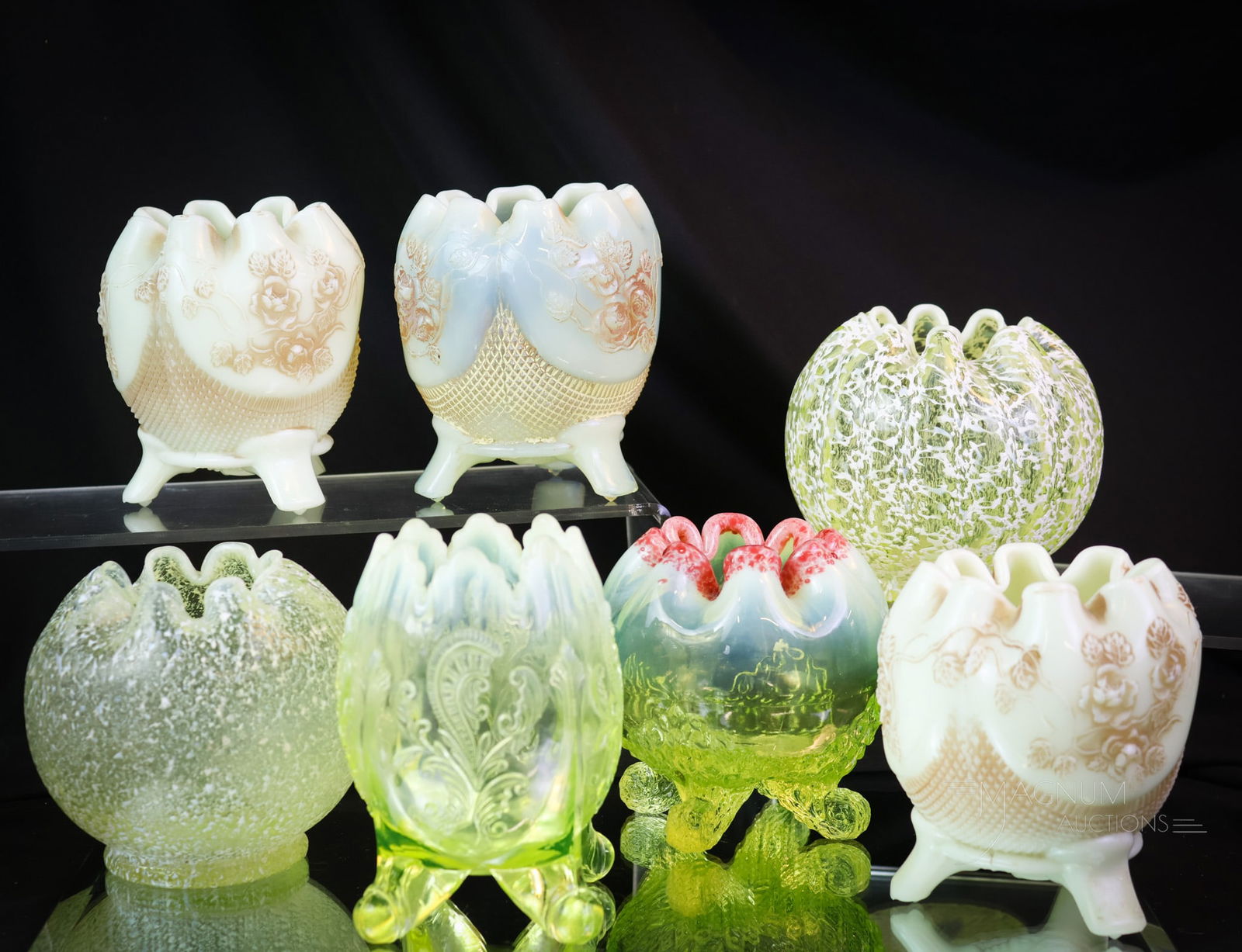 7 pc Lot Uranium Vaseline Opalescent Victorian Glass Rose Bowls (1 of 13)