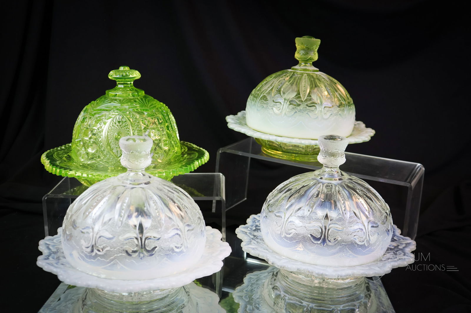 4 pc Lot Vaseline Urnaium Victorian Butter Dishes including Rarity: Four nice finds in Victorian butter dishes. This lot includes a VERY RARE Memphis pattern solid vaseline example. There are also two white and a vaseline opal Iris with Meander pattern examples. The v