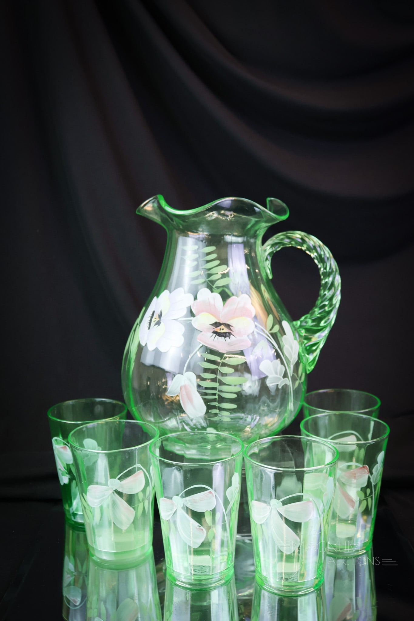 6 pc Uranium Enameled Victorian Northwood Glass Water Set (1 of 8)